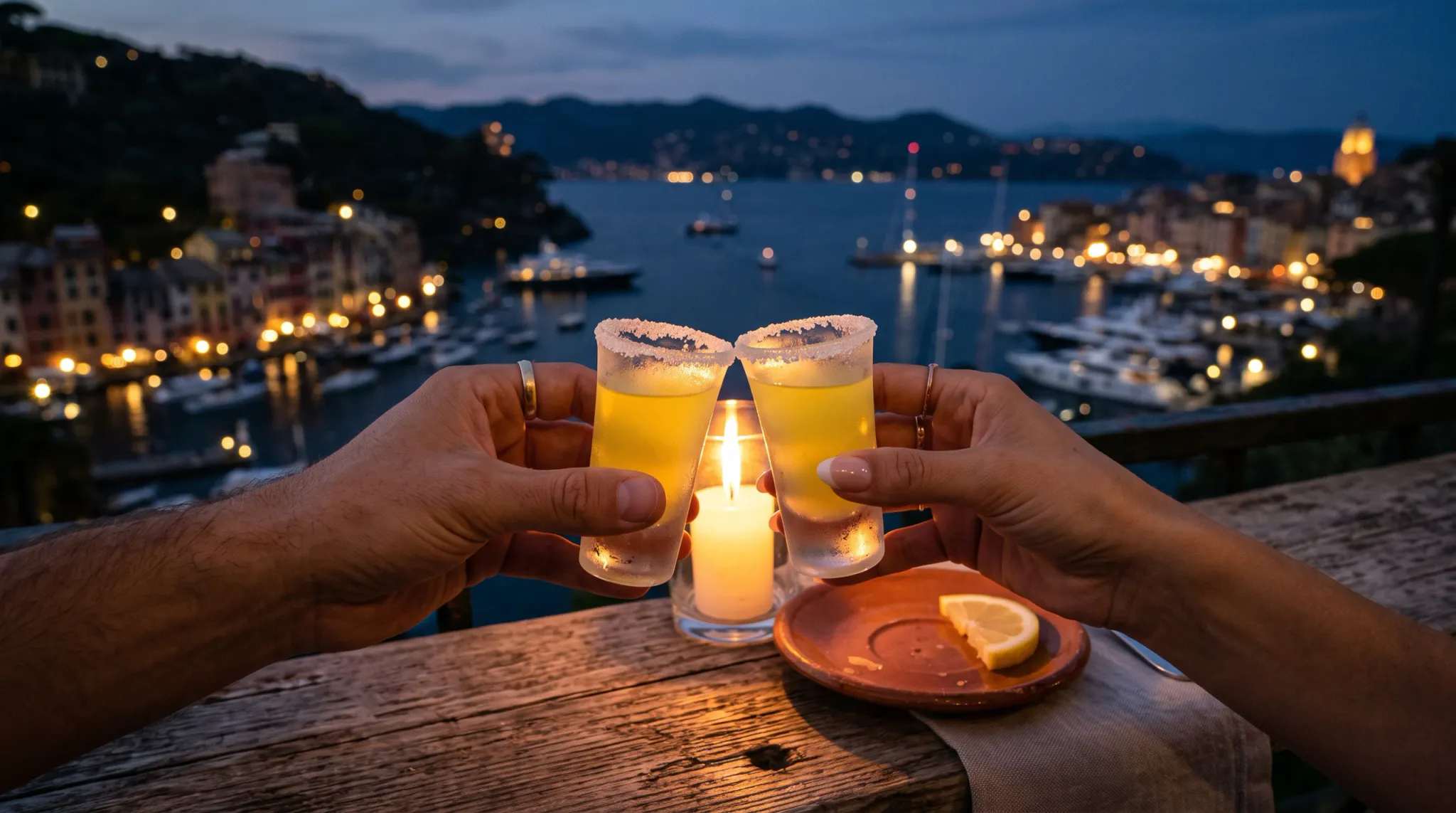 Two cropped hands raise chilled, pale golden cocktails in salted-rim glasses above a wooden outdoor table. A candle glows between them, with a lemon wedge on a small plate, while a softly blurred harbor, boats, hillside buildings, and city lights fill the dusk background.