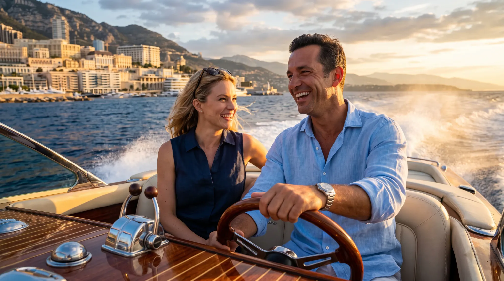 A smiling man and woman enjoy a ride on a classic wooden motorboat cruising along a scenic coastal town at sunset. The man steers the boat while laughing, and the woman gazes at him with an affectionate smile.