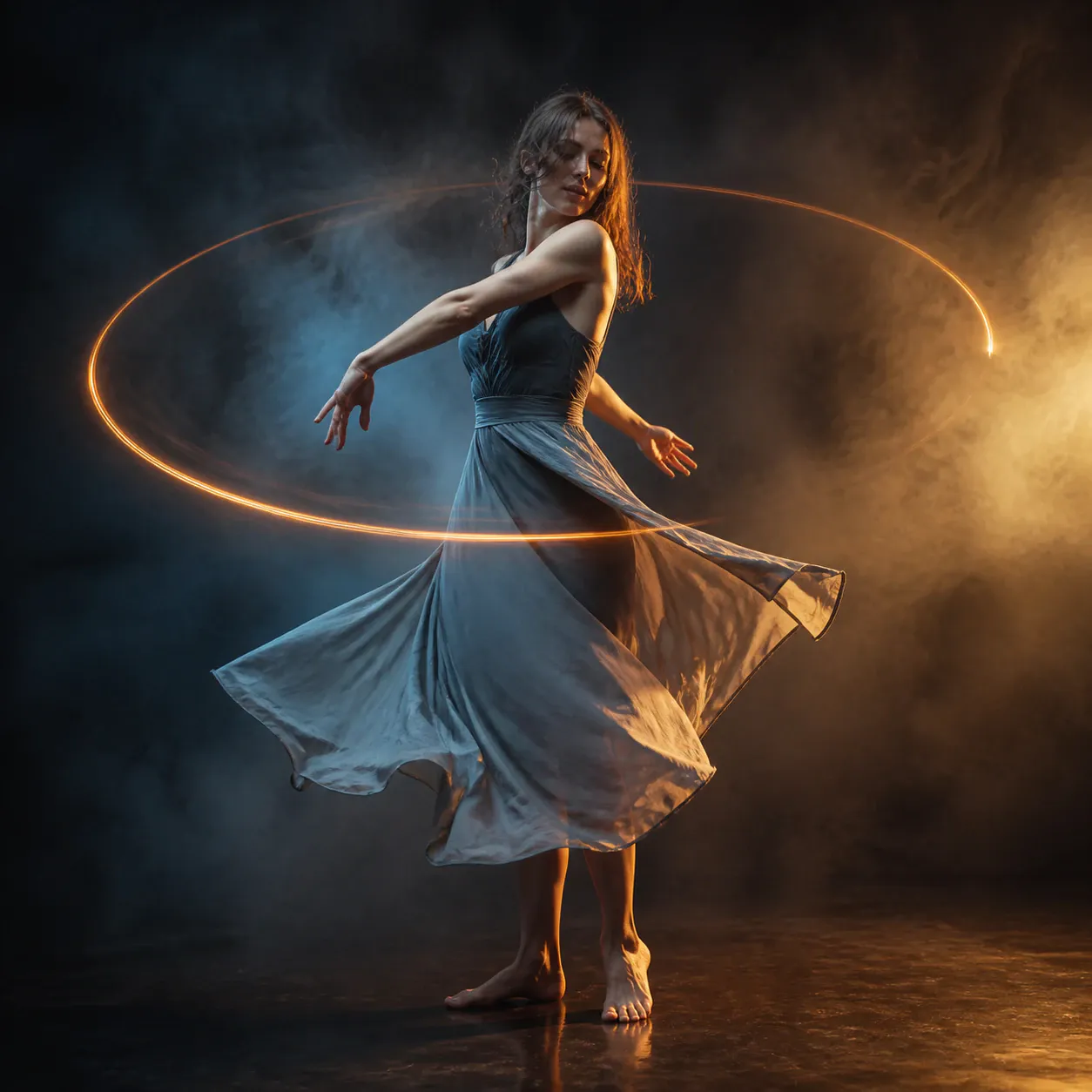 A full-length studio photograph of a barefoot woman dancing in a flowing slate gray sleeveless dress. A luminous golden-orange light trail encircles her torso in an elliptical loop. The dark studio background is filled with swirling smoke and mist, illuminated with contrasting cool blue light on the left and warm amber light on the right, highlighting her expressive pose as her dress billows from movement.