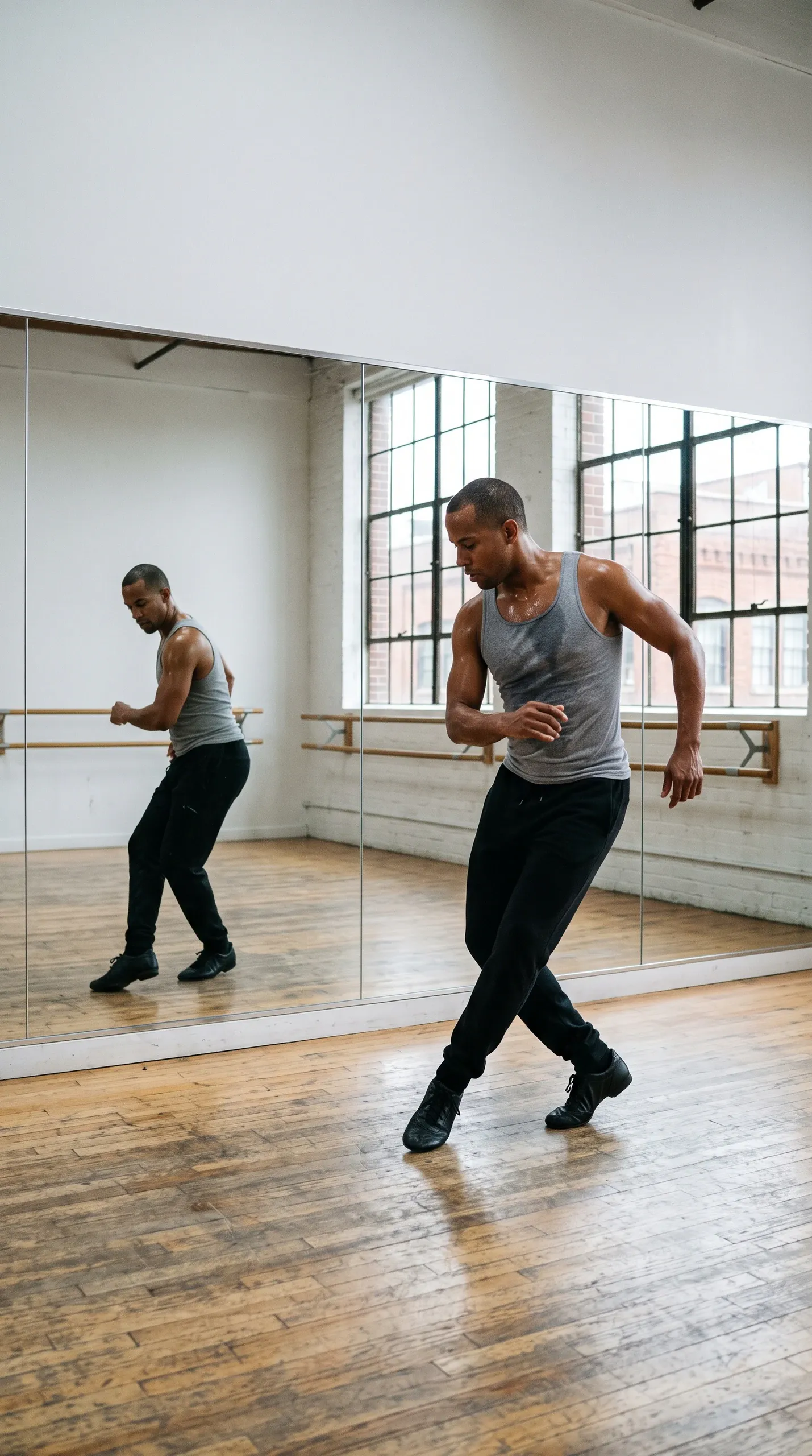 A full-body photograph of an athletic adult male dancer executing choreography in a bright dance studio with hardwood floors. The dancer wears a grey heather scoop-neck tank top, black relaxed trousers, and black dance flats, captured mid-movement in a crossed-leg stance with bent arms and downward gaze. Pronounced perspiration glistens across his skin and darkens his tank top from exertion. Behind him, a full-length wall mirror reflects his form, alongside a wooden ballet barre mounted to the wall beneath large multi-pane industrial windows.