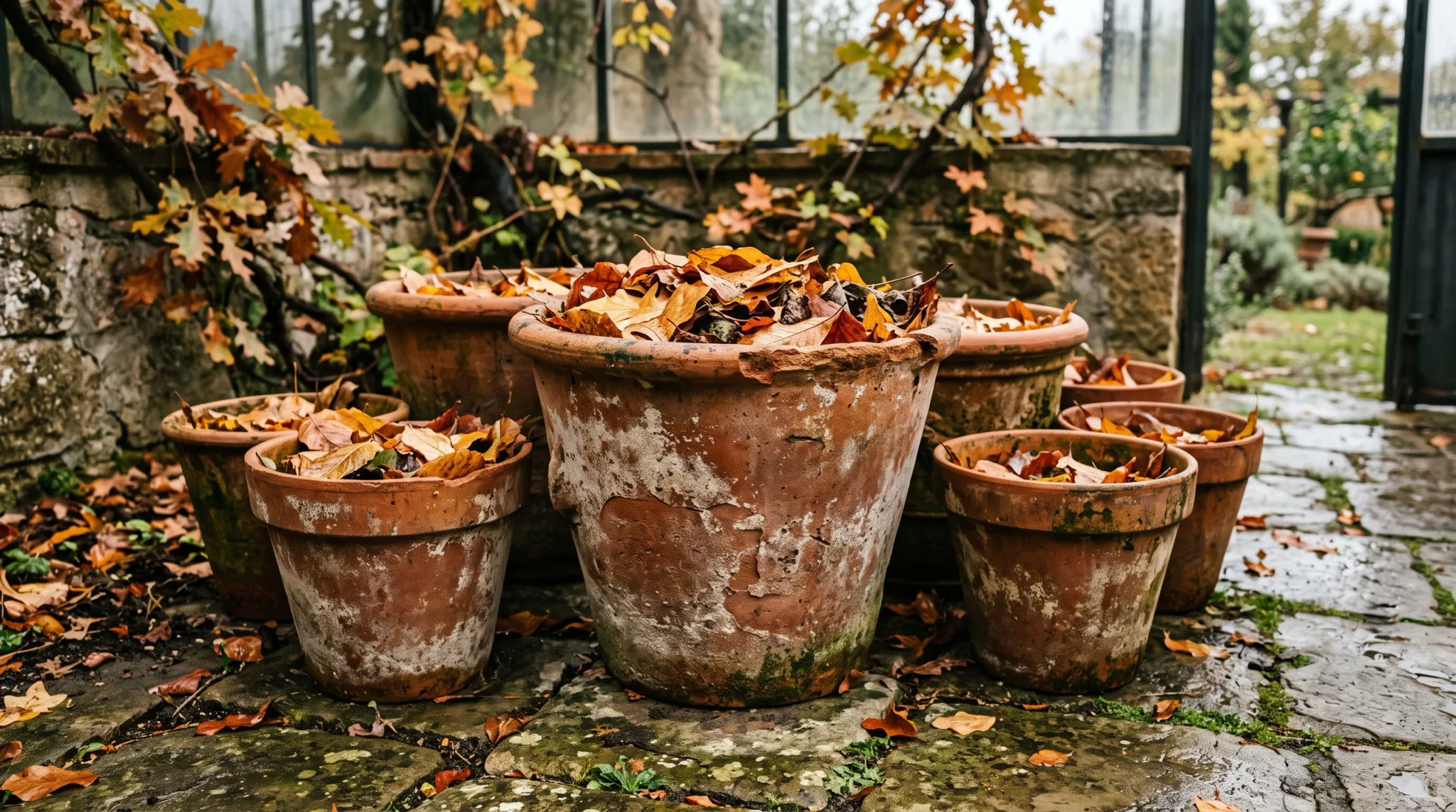 A cluster of old, moss- and lichen-marked terracotta flower pots sits on a damp stone floor inside a leafy greenhouse. The pots are filled with dry autumn leaves, with additional fallen leaves scattered around them. A weathered masonry wall, glass panels, climbing branches, and an open doorway create a rustic garden atmosphere.