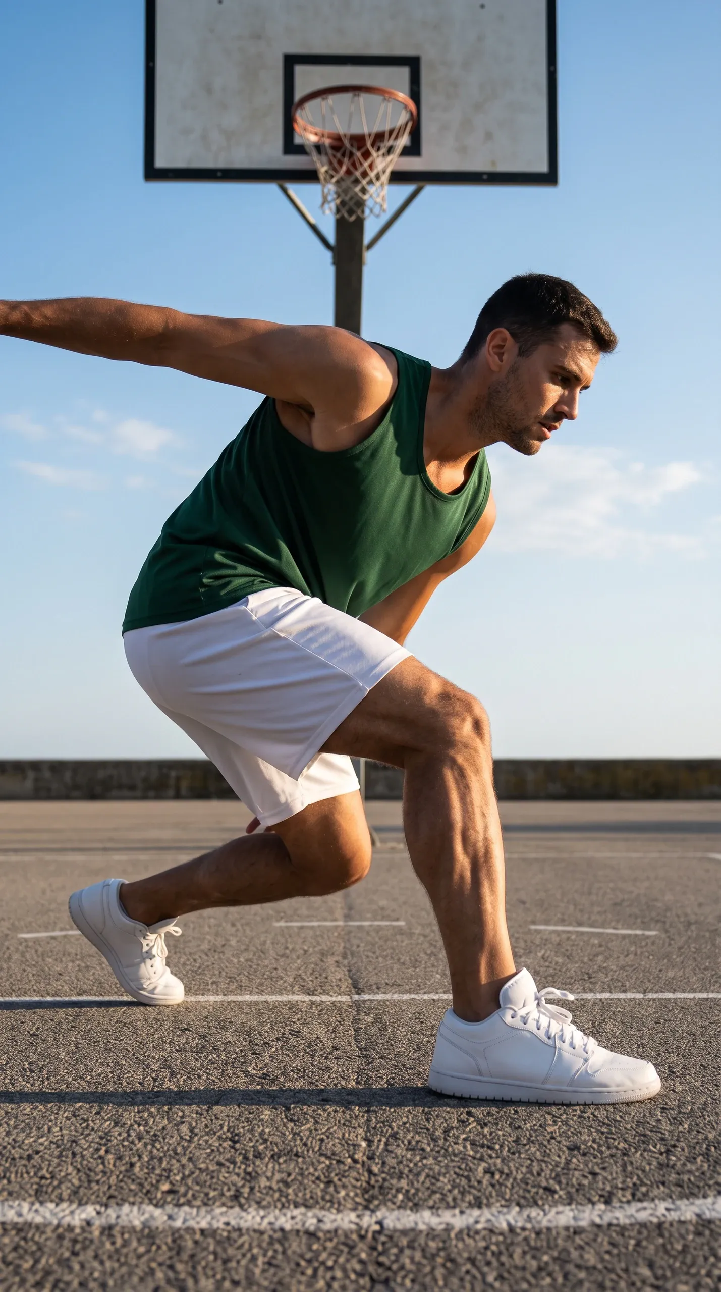 Full-length low-angle shot of a muscular athletic man in a green tank top, white shorts, and white sneakers holding a low lunging athletic stance on an outdoor asphalt basketball court beneath a basketball hoop under clear daytime skies.