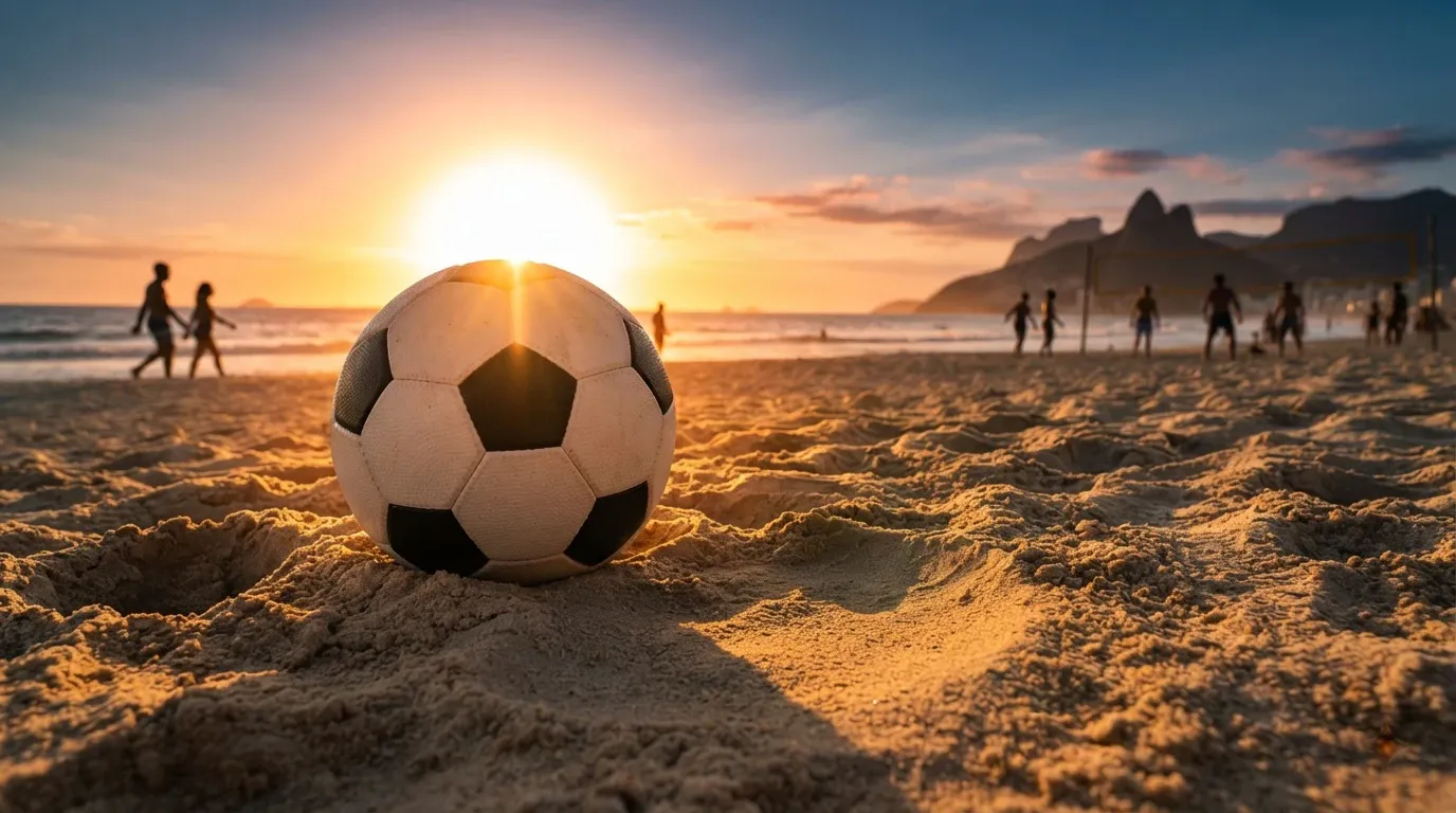 A low-angle closeup of a classic black-and-white patterned soccer ball resting on the sand at a beach during sunset. The low sun creates a warm golden glow directly behind the ball, casting soft shadows across the textured sand. Silhouetted figures of people walk along the surf and play near a beach volleyball net in the blurred background, with coastal mountains visible on the horizon.
