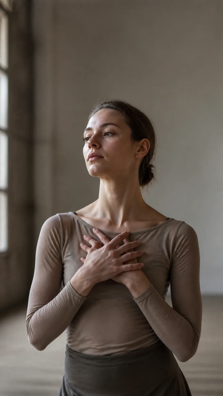 A waist-up portrait of a young woman with dark brown hair in a low bun, wearing a fitted beige long-sleeve top and resting both hands over her chest. Diffused natural light enters through large multi-pane windows in a minimalist studio setting as she gazes softly to the side.