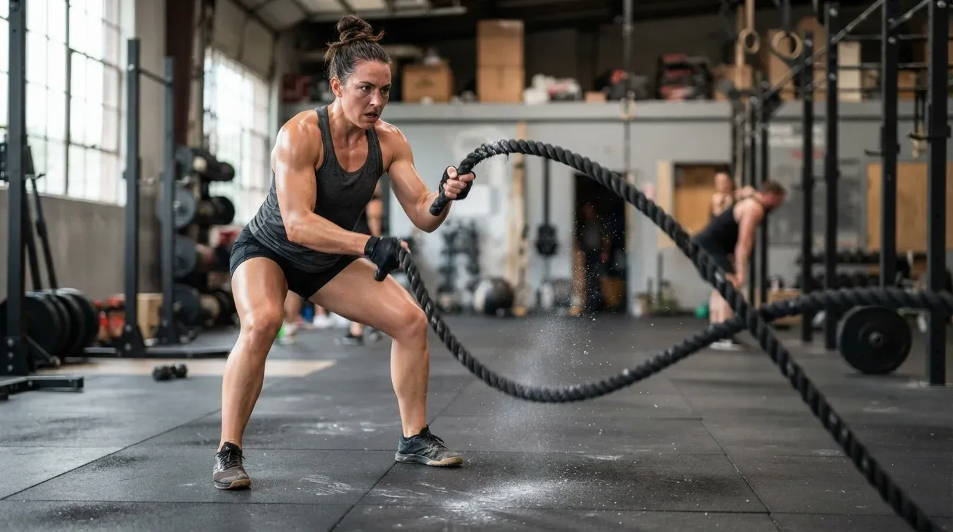 An athletic woman with her brown hair in a high bun stands in a wide stance gripping heavy black battle ropes during an intense workout in an indoor gym. She wears a gray tank top, black shorts, black workout gloves, and sneakers while white chalk dust disperses in the air.
