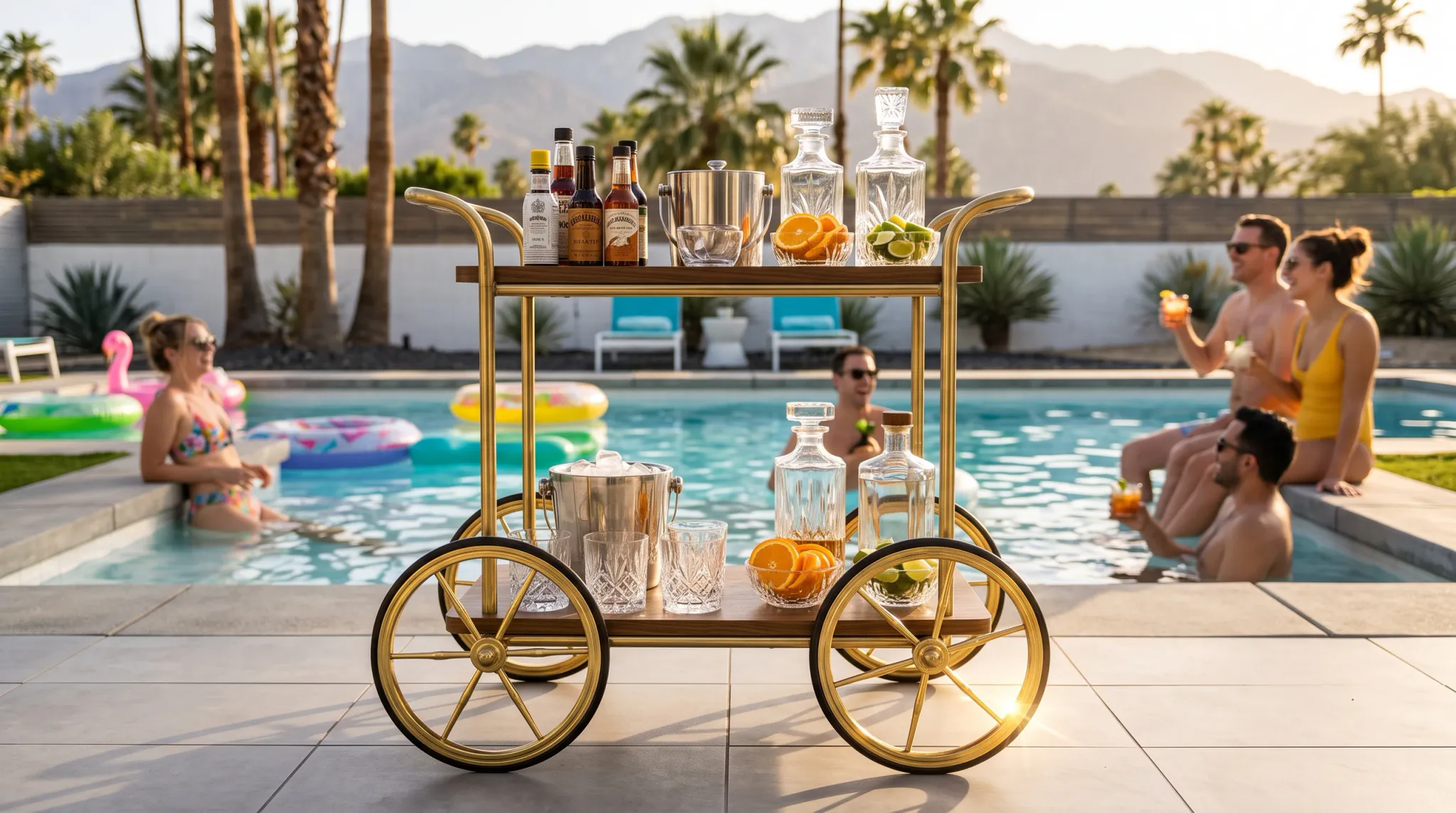 An elegant two-tiered brass bar cart stocked with spirits, crystal decanters, ice buckets, and fresh citrus slices stands on a patio beside a sunlit swimming pool where five friends relax in swimwear against a desert mountain backdrop.