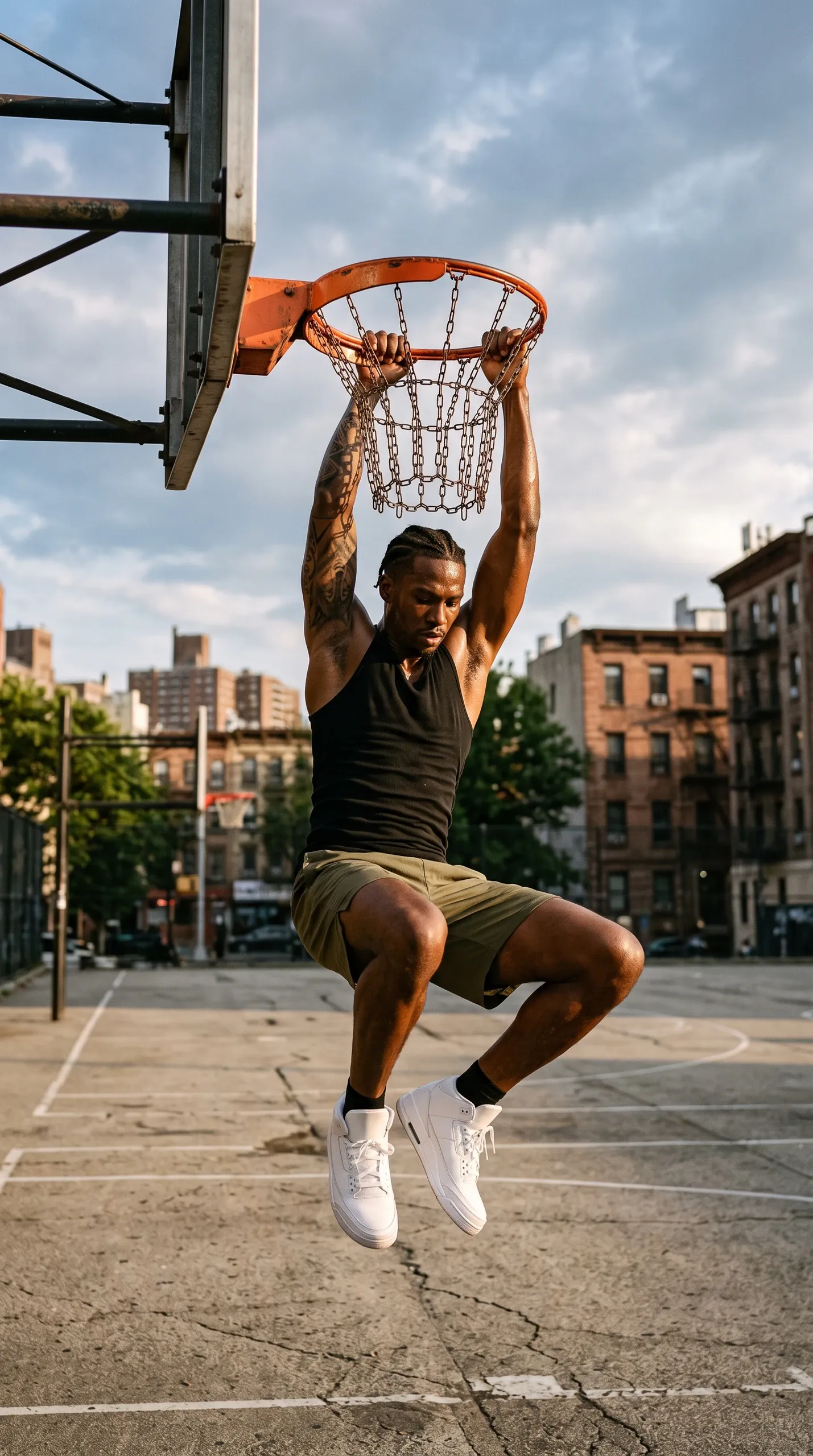 An athletic adult male basketball player hangs suspended by both hands from the orange rim and metal chain net of a basketball hoop on an outdoor urban court. He wears a fitted black sleeveless tank top, olive green shorts, and white sneakers, with a detailed sleeve tattoo on his right arm and his knees bent in midair against an urban backdrop of residential apartment buildings.