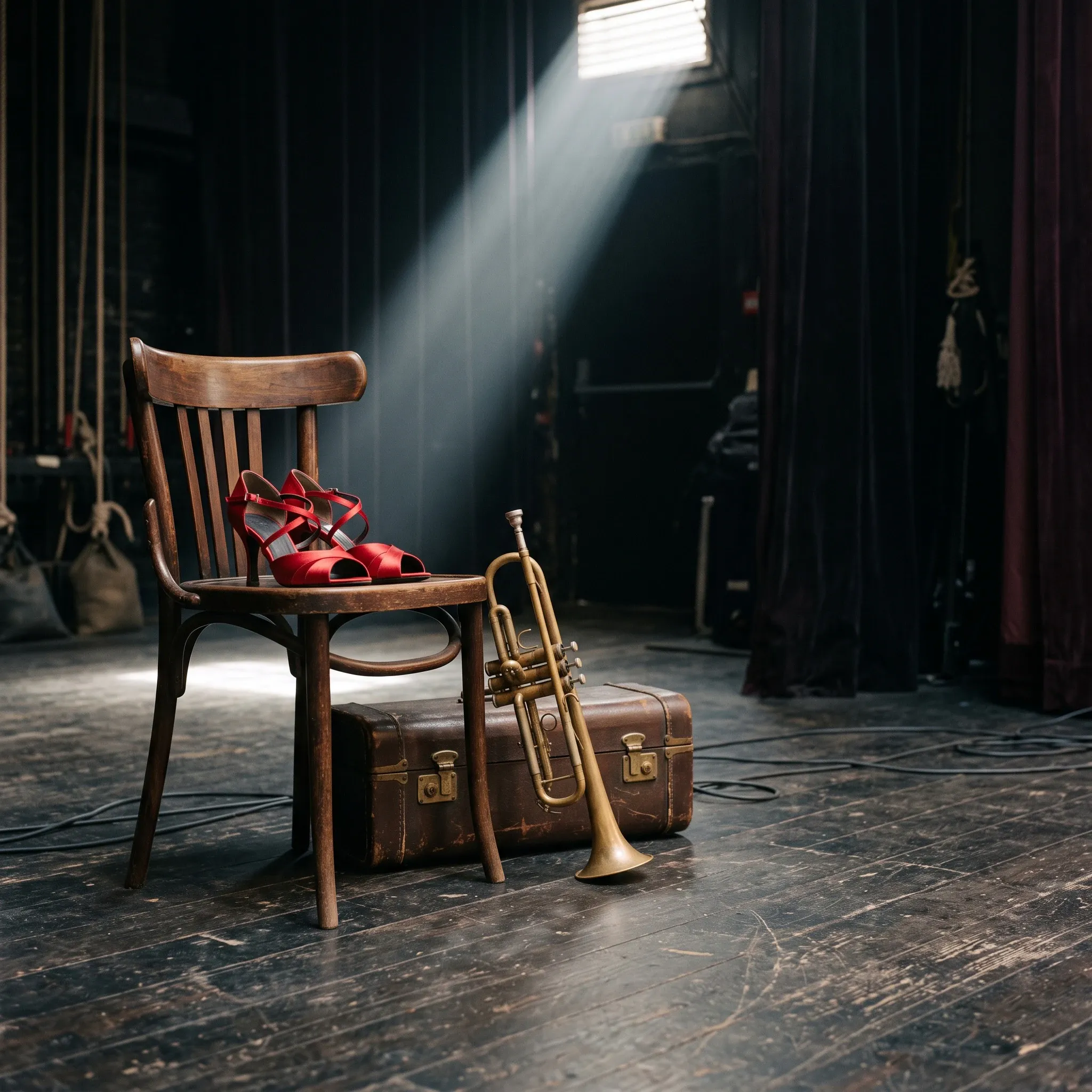 A dramatic still-life composition on a dark wooden stage floor illuminated by an overhead beam of light. A rustic wooden slat-back chair holds a pair of red satin-like strappy high-heeled shoes on its seat. Beside the chair sits a weathered brown leather suitcase, against which an antique brass trumpet leans upright. In the dark background, theatrical drapes, backstage counterweight ropes, sandbags, and stage cables are faintly visible.