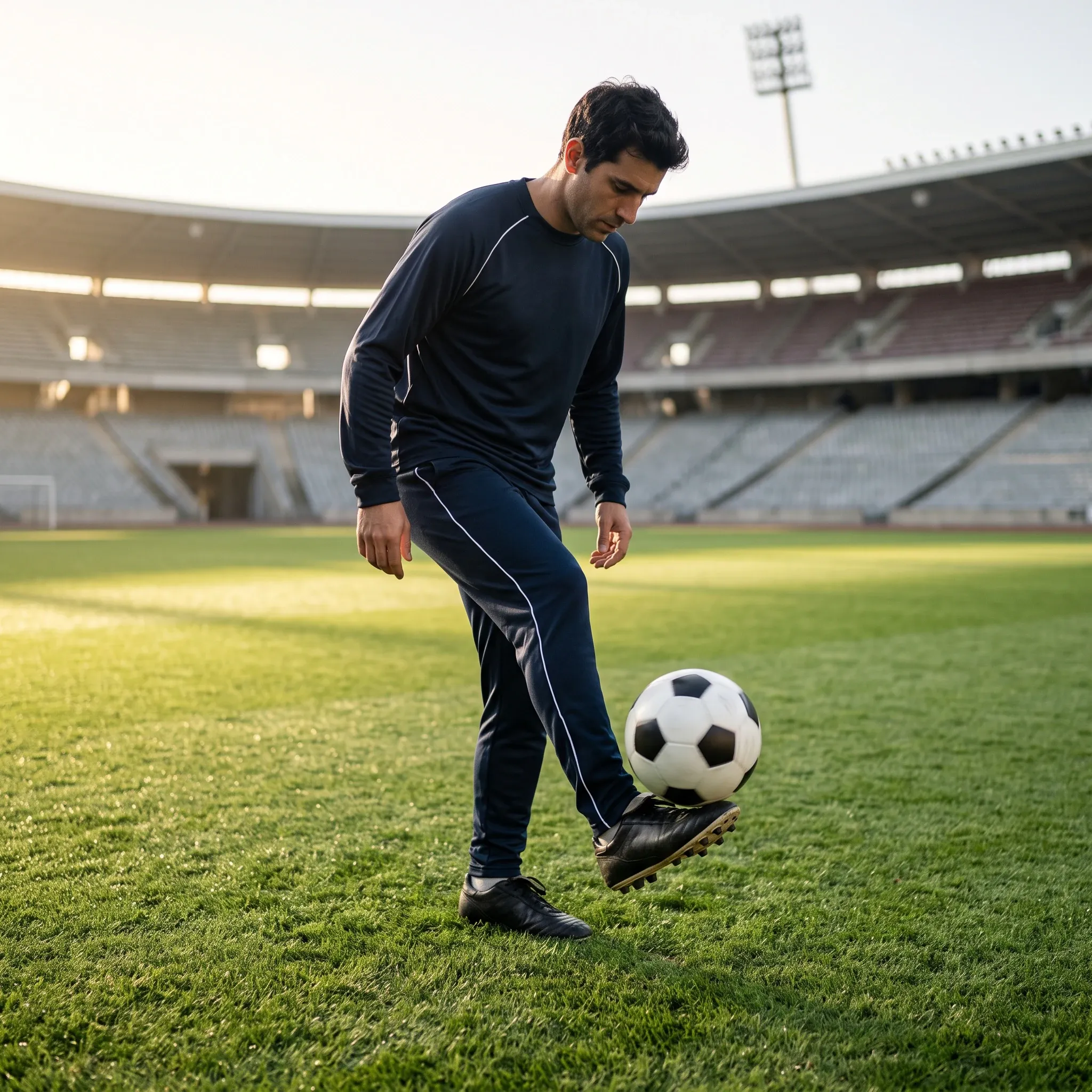 A man dressed in a dark blue tracksuit juggles a black-and-white soccer ball with his foot on a green grass field inside a stadium, with empty stadium seating visible under warm afternoon sunlight.