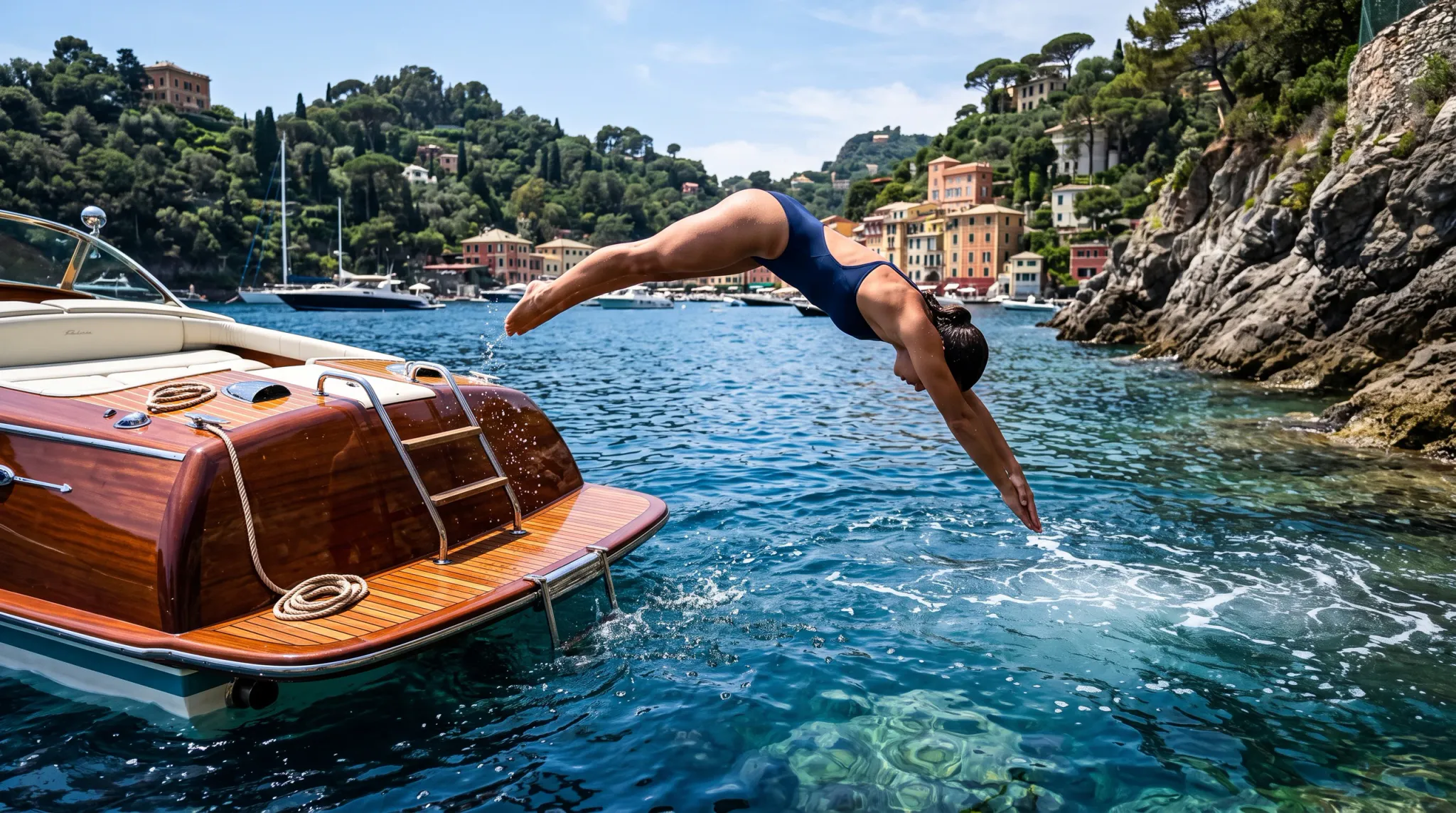 A woman in a navy blue one-piece swimsuit performs a graceful forward dive off the teak swim platform of a classic varnished wooden motorboat into clear turquoise-blue sea water. Her body is fully extended in a near-vertical dive position with arms pointed downward and legs straight. The boat's mahogany hull, teak decking, chrome ladder, and a coiled rope are prominent in the left foreground. The clear water below shows the sandy bottom through the transparency. In the background, a scenic harbor village with colorful pastel-hued buildings climbs a wooded hillside flanked by rocky cliffs and Mediterranean pine and cypress trees, with several other white motorboats and sailboats moored in the bay under a bright partly-cloudy blue sky.