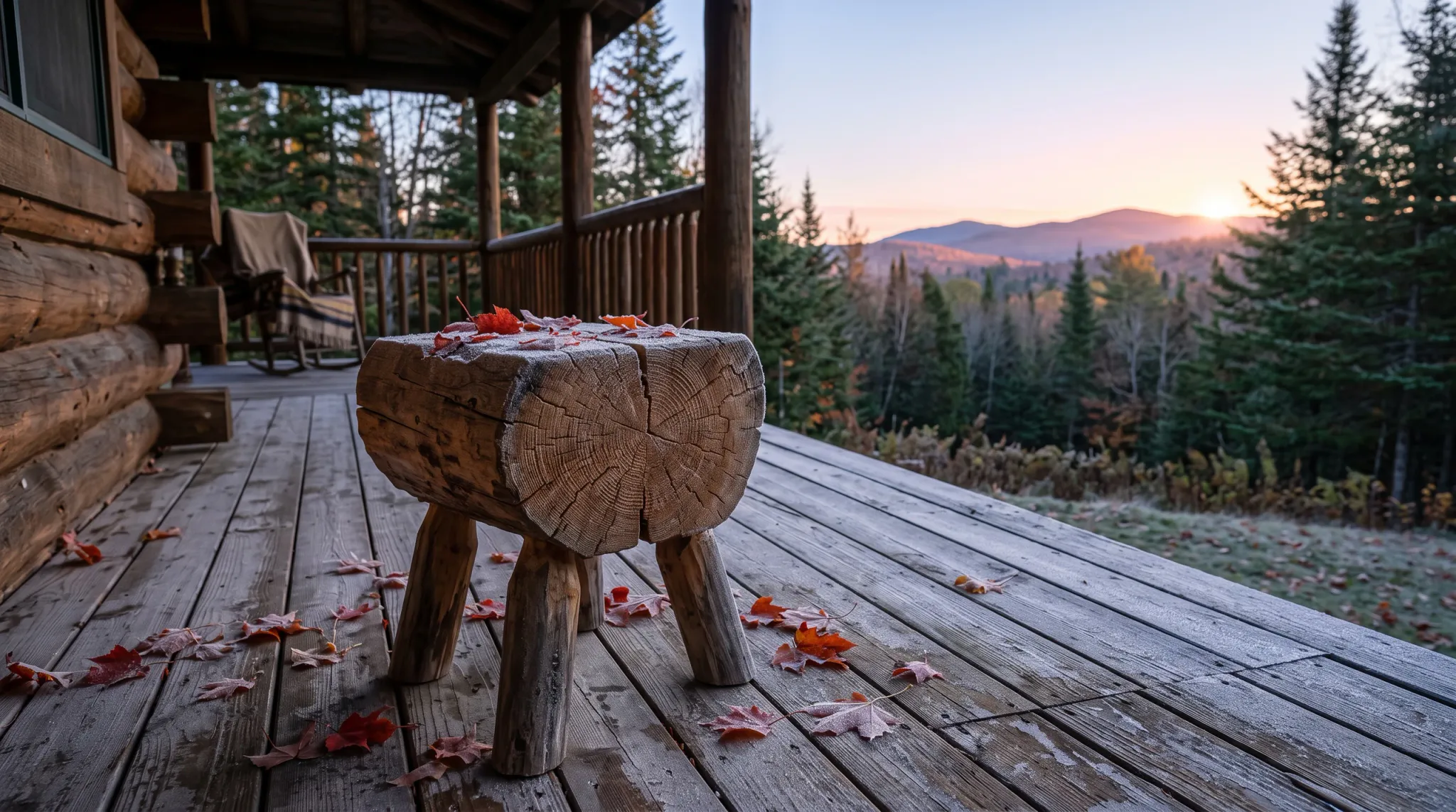 A rustic four-legged stool crafted from a split log rests on a frosty wooden cabin porch with scattered fallen red leaves, overlooking a sunrise across a mountain range and forest.