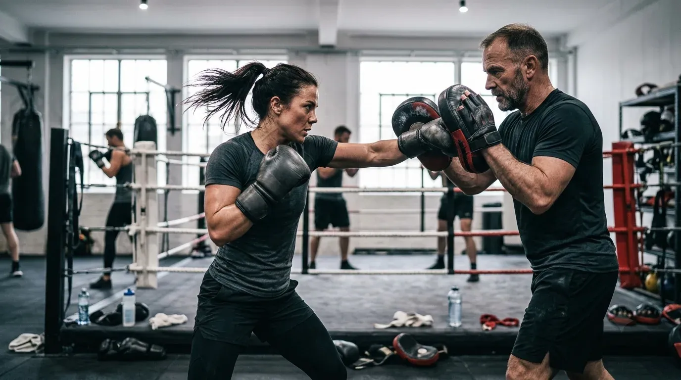 A focused female boxer wearing dark athletic attire and boxing gloves throws a punch into focus pads held by a bearded male trainer inside a brightly lit boxing gym with a ring in the background.