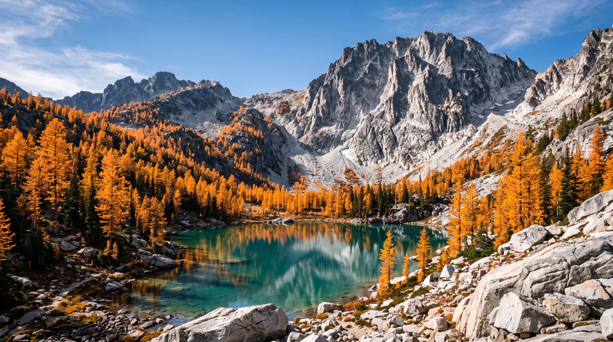 A scenic wide-angle landscape photograph of a clear turquoise alpine tarn surrounded by golden larch trees displaying brilliant autumn foliage. Steep, rugged granite mountain peaks rise in the background under a blue sky with wispy clouds, their rocky faces and the vibrant shoreline trees mirrored across the calm surface of the lake, with large granite boulders littering the foreground.