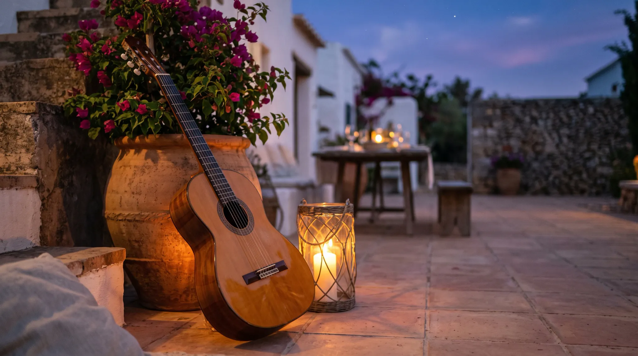 An acoustic guitar leans against a large terracotta planter filled with blooming magenta bougainvillea on an outdoor patio floor made of terracotta tiles. Beside the guitar, a burning candle glows warmly inside a glass and rope lantern. In the background, a wooden outdoor dining table set with wine glasses and candlelight sits before a whitewashed building under a twilight sky.
