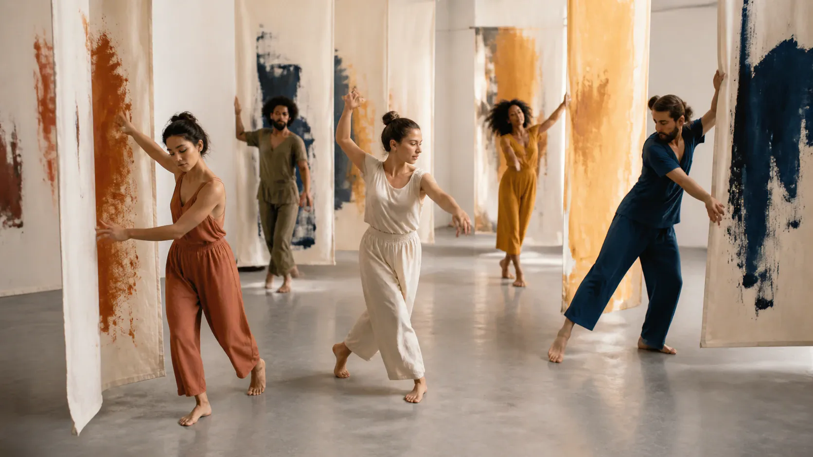 Five adult dancers perform contemporary dance movements in a spacious, bright studio. They are separated across the frame, barefoot, and dressed in rust, olive, white, mustard, and navy outfits. Large translucent hanging fabric panels with abstract ochre and navy paint divide the polished floor space.