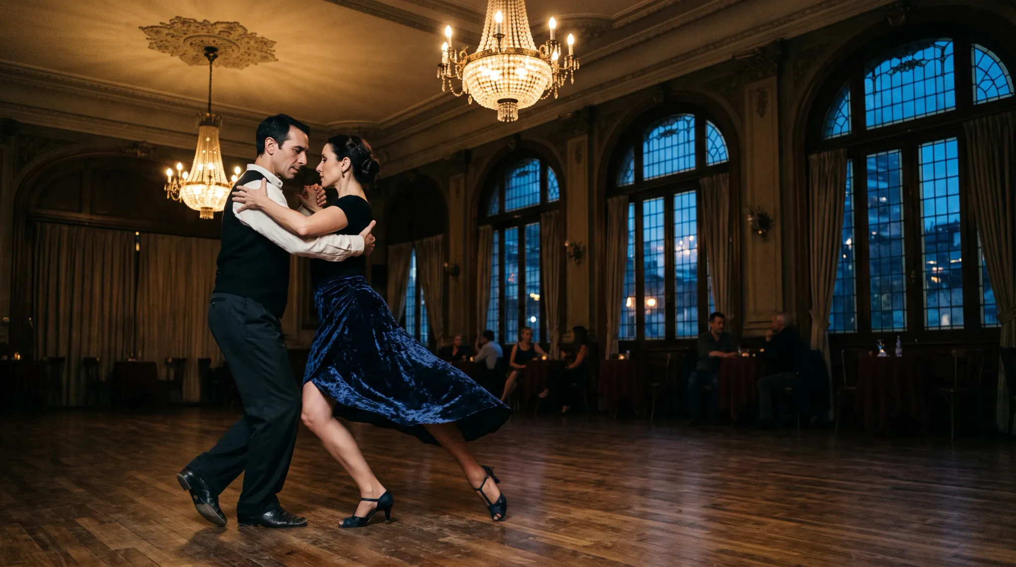A man and woman perform an Argentine tango dance across the polished wooden floor of an elegant historic ballroom illuminated by crystal chandeliers. The woman wears a fitted black top with a flowing royal blue velvet skirt and black heels, while the man wears a white collared dress shirt, black vest, black trousers, and leather dress shoes. In the dimly lit background, patrons sit at small tables before tall arched windows displaying the blue twilight sky.