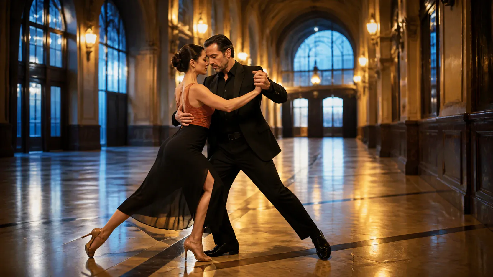 A man and woman dance the Argentine tango in a grand, ornate hallway featuring high arched ceilings, glowing wall sconces, and a glossy reflective tiled floor. The woman is dressed in an orange sleeveless top, a black midi skirt with a thigh-high slit, and beige high-heeled dance sandals, while the man wears a fitted black suit, black button-up shirt, and black dress shoes.