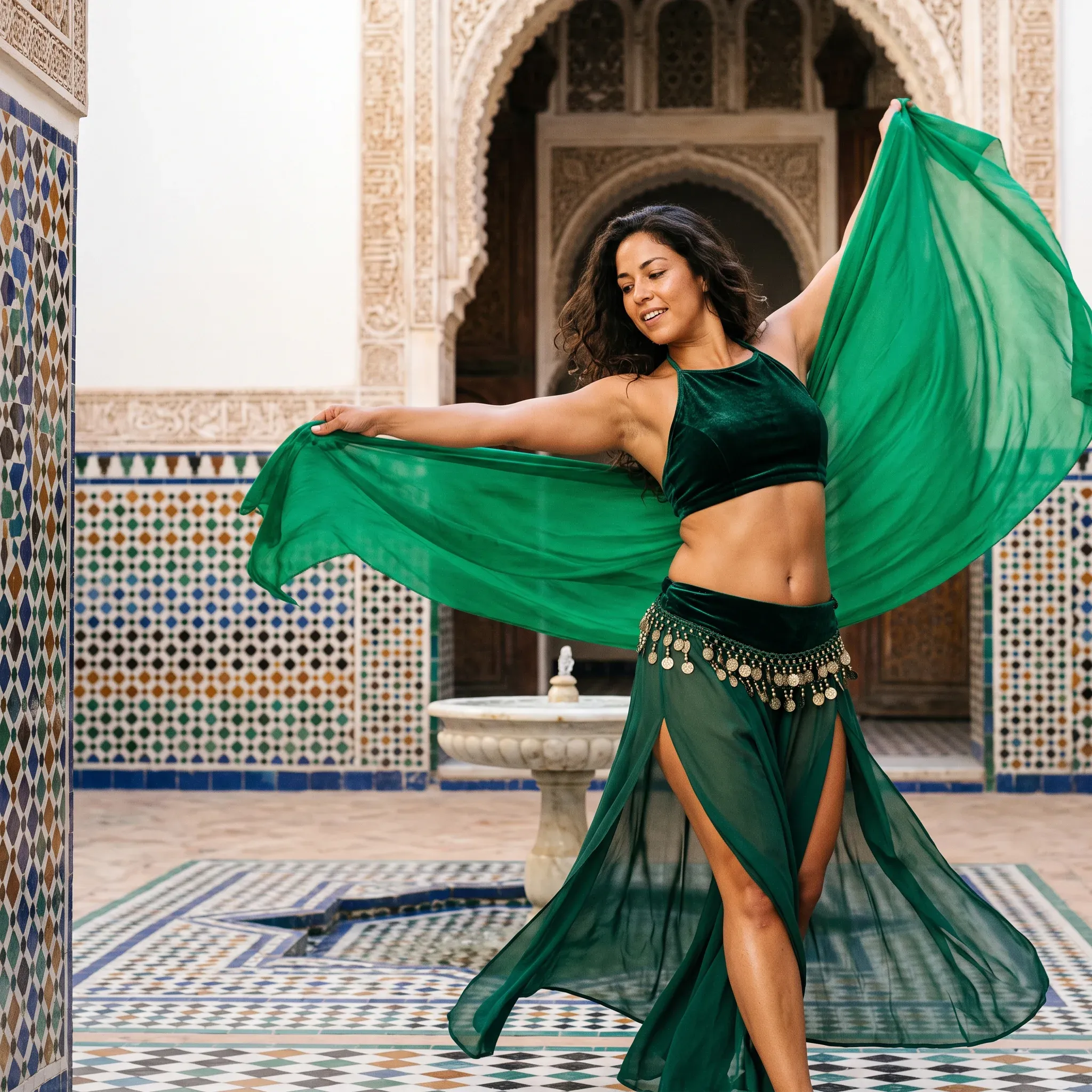 A smiling woman dances in an ornate tiled courtyard, stretching a sheer emerald-green fabric between her raised arms. She wears a dark-green cropped top, flowing green skirt with high slits, and a gold coin belt. Mosaic tilework, carved arches, and a central fountain fill the background.