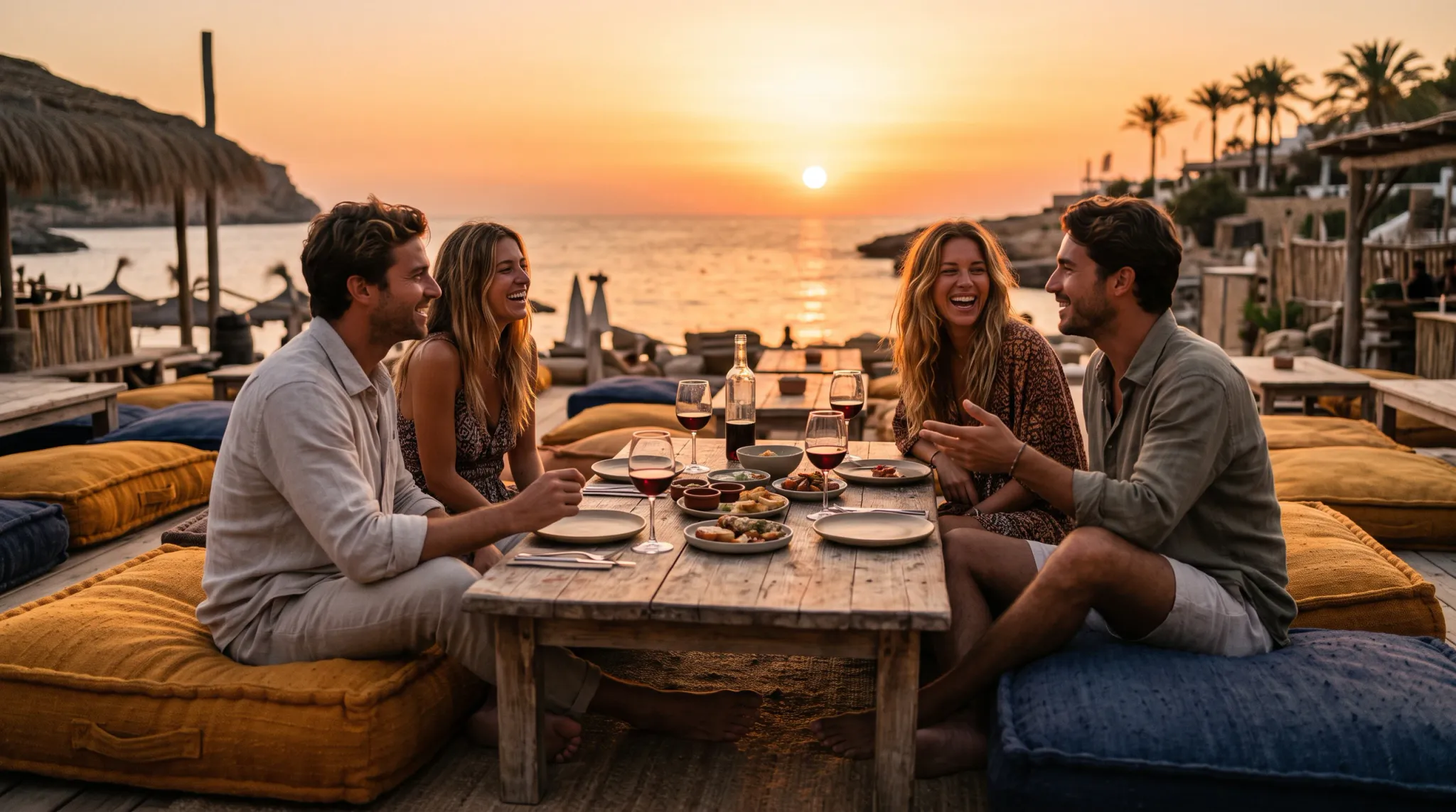 Four adults sit around a rustic outdoor dining table at a seaside venue during sunset. They are smiling and conversing over shared dishes, red wine, and cushions in warm golden light, with the ocean, rocky shore, palm trees, and open-air structures behind them.