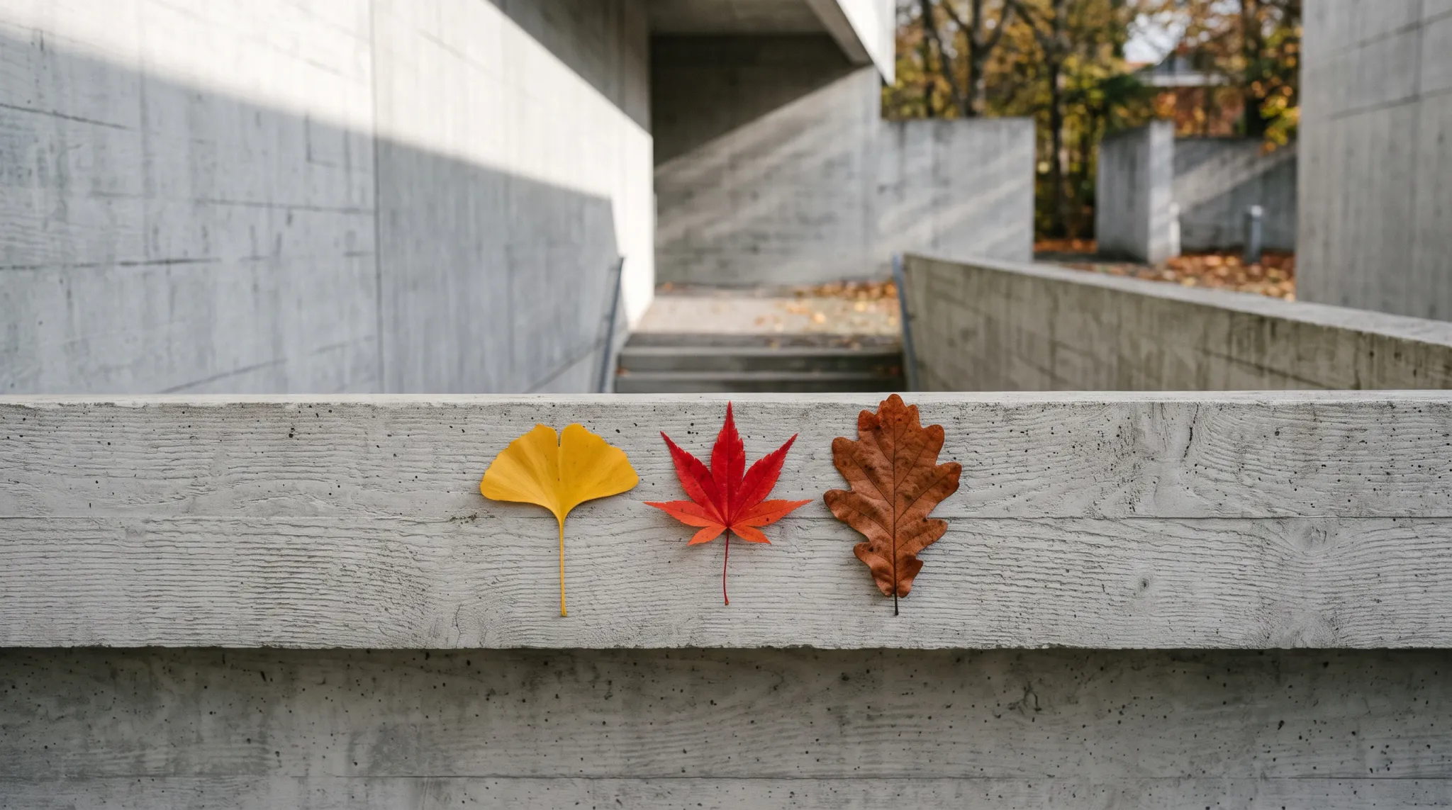 A close-up view of three autumn leaves—a yellow ginkgo, a bright red maple, and a brown oak—arranged in a neat horizontal row on top of a board-marked concrete wall. The background features more brutalist concrete structures and autumnal trees, heavily blurred by a shallow depth of field under bright, direct sunlight.