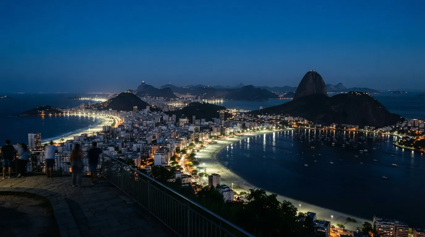 Wide elevated nighttime view over a brightly illuminated coastal city, curved sandy beaches, dark bays with small boats, and dramatic rounded mountains. Four blurred foreground visitors stand at a stone-paved overlook beside a metal railing.