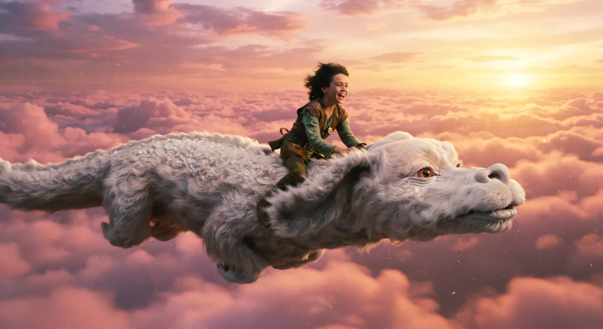 A laughing rider in green and brown clothing rides a large white, furry, dragon-like animal flying above pink and purple clouds at sunset. Warm sunlight shines from behind them, creating a dreamy cinematic fantasy scene.