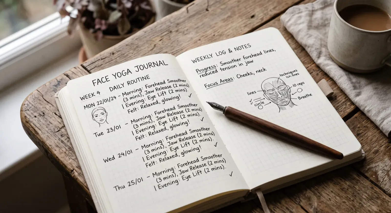 An open face yoga journal with handwritten daily routines and an anatomical facial muscle sketch lies on a rustic wooden table beside a wooden fountain pen, a ceramic mug of coffee, a linen cloth, and a potted plant bathed in soft window light.