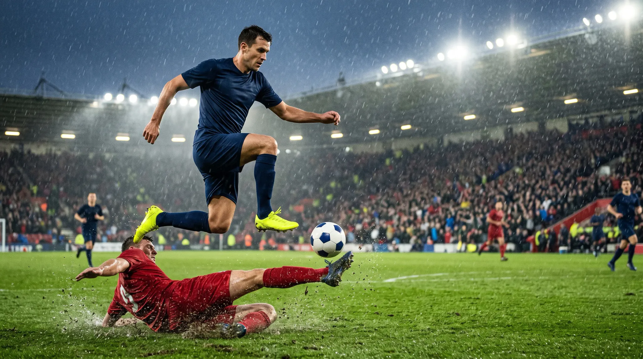 A dramatic low-angle, nighttime action shot of a soccer match taking place in a stadium during heavy rain. In the foreground, a player in a navy blue uniform and bright yellow cleats leaps high into the air to evade a sliding tackle. Below him, an opposing player in a red uniform slides across the wet grass, kicking up a large splash of muddy water as they both challenge for the mid-air black and white soccer ball. Bright stadium lights illuminate the dense, falling rain and the large, blurred crowd of spectators filling the background stands.