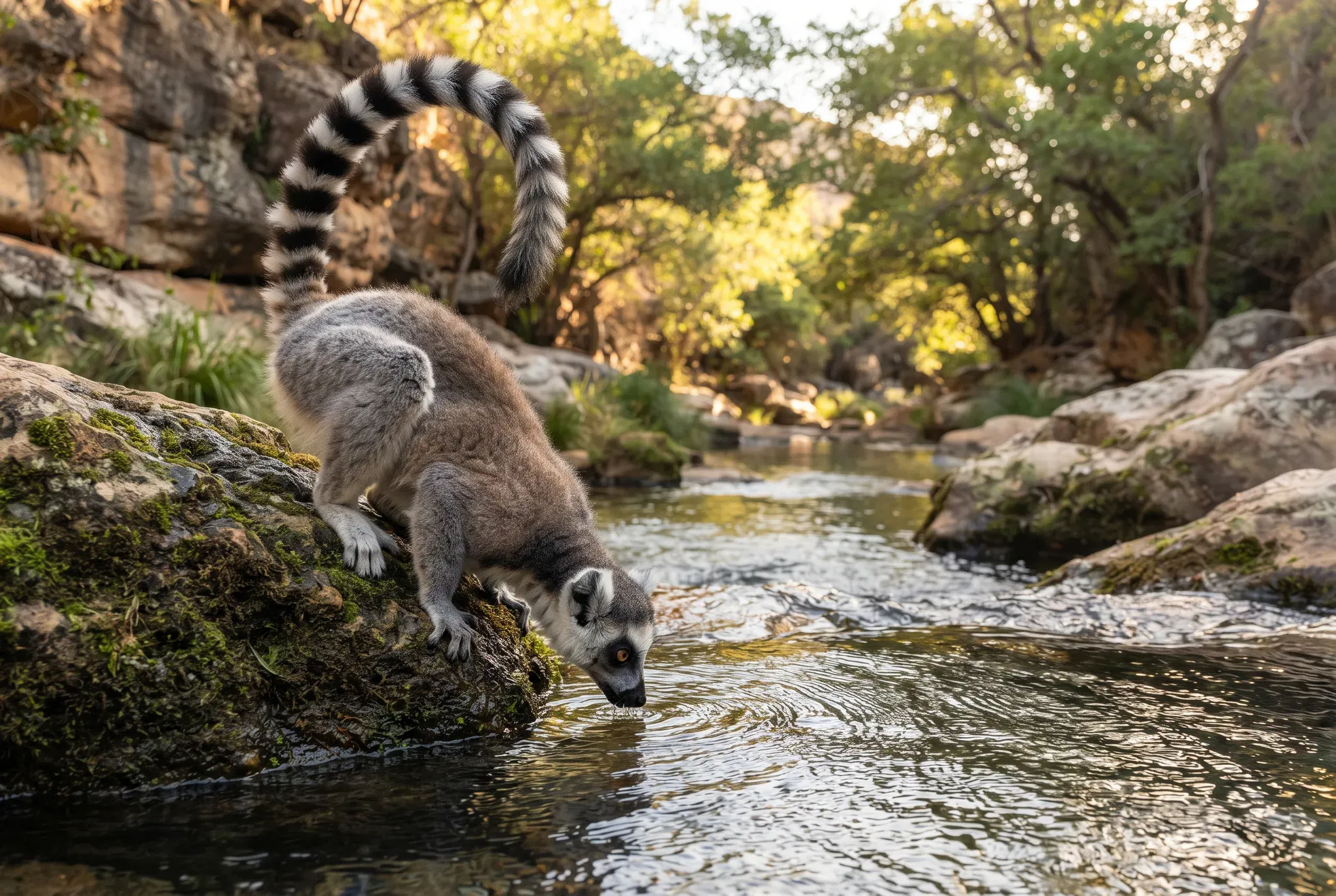 A ring-tailed lemur (Lemur catta) leans down from a moss-covered boulder to drink from a clear freshwater stream, with its distinctively banded black-and-white tail held in a high curve under warm sunlight in a rocky canyon setting.