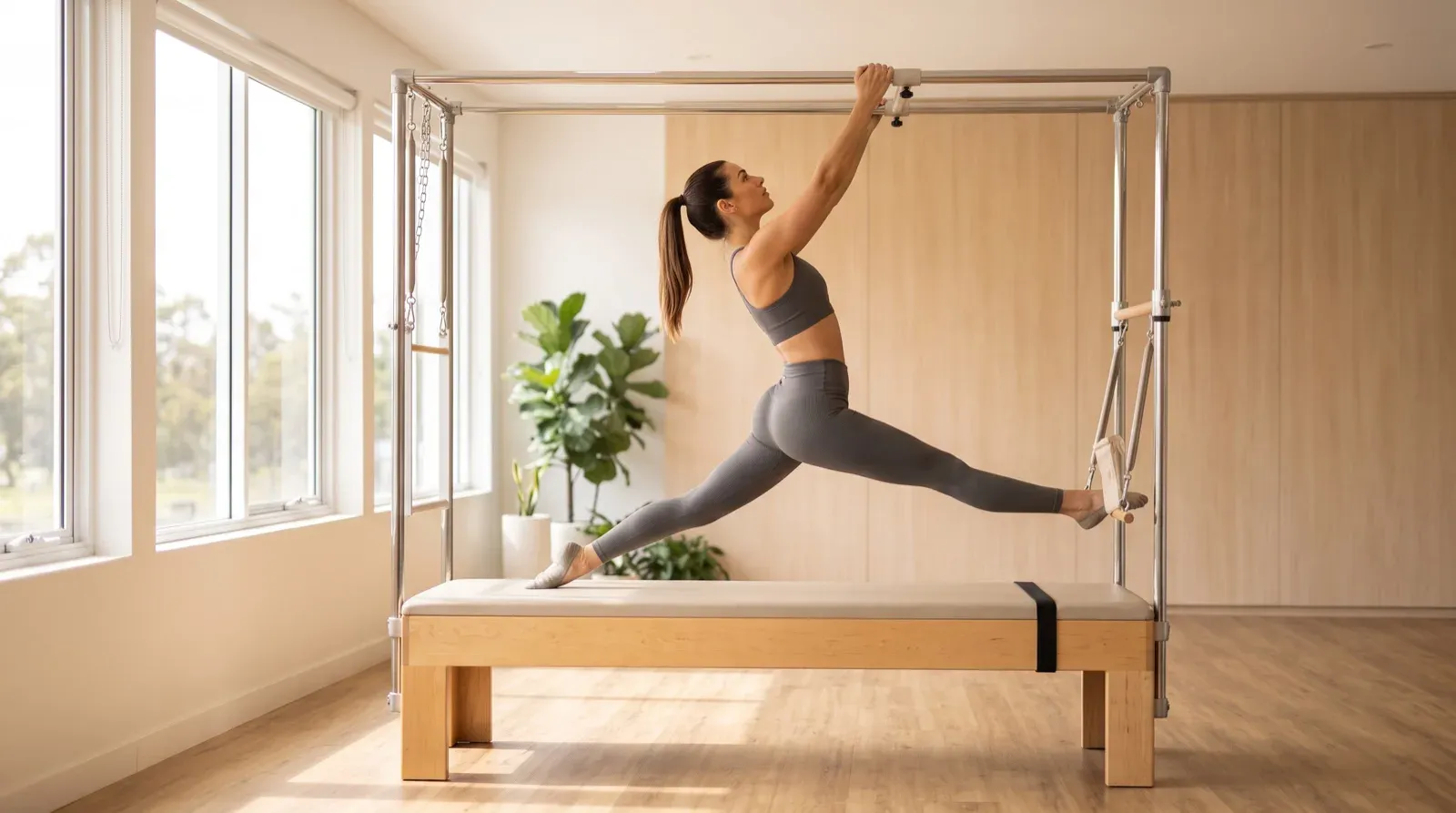 A woman in a matching grey sports bra and leggings performs a split stretch on a wooden and steel Pilates Cadillac trapeze apparatus inside a brightly sunlit studio with wood floors and large windows.