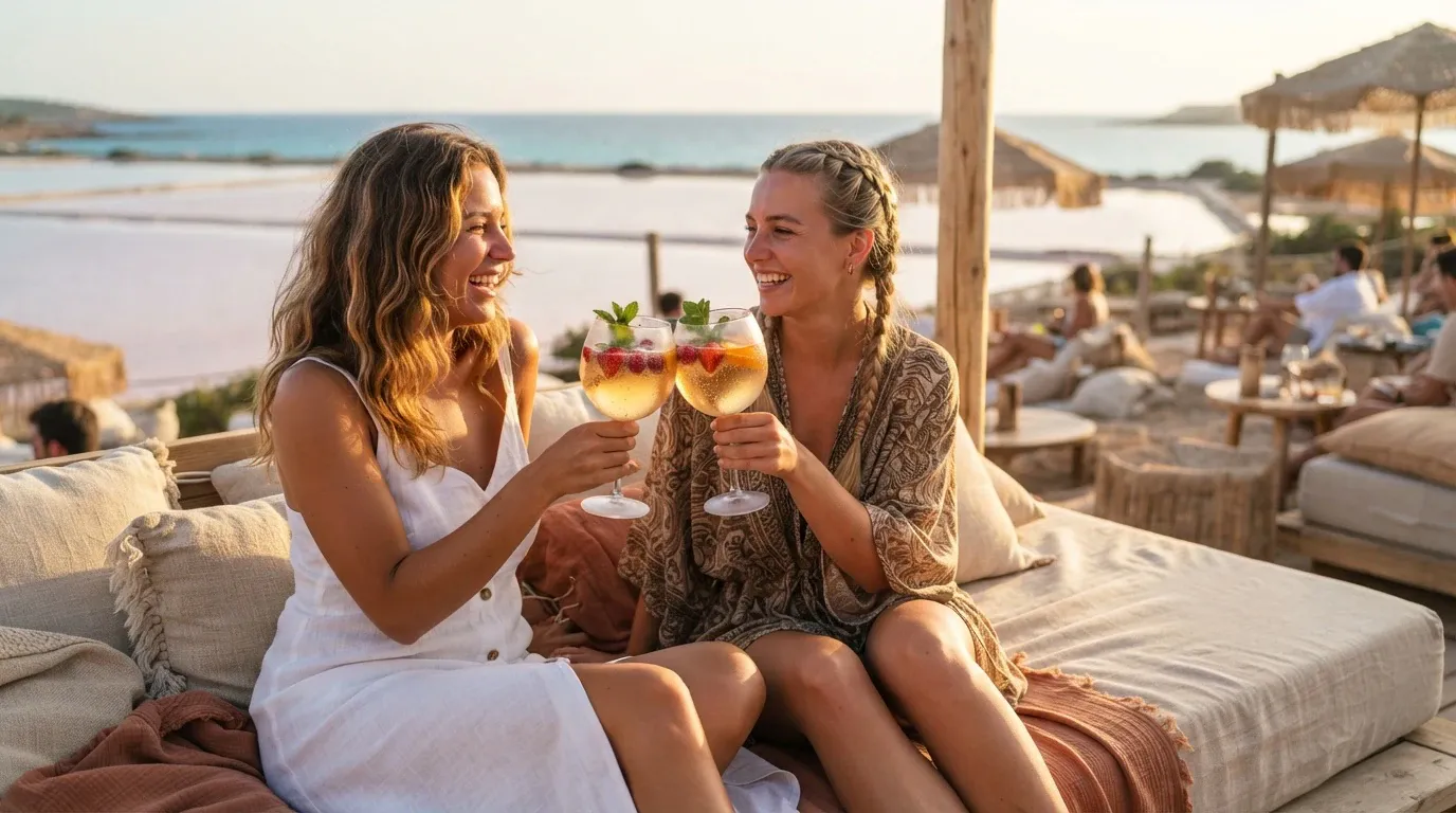 Two smiling women sit together on an outdoor daybed at a sunny beach club, raising sparkling drinks in a toast. The scene includes a calm ocean, pale sandy shoreline, thatched beach canopies, warm low-angle sunlight, and several indistinct background guests.