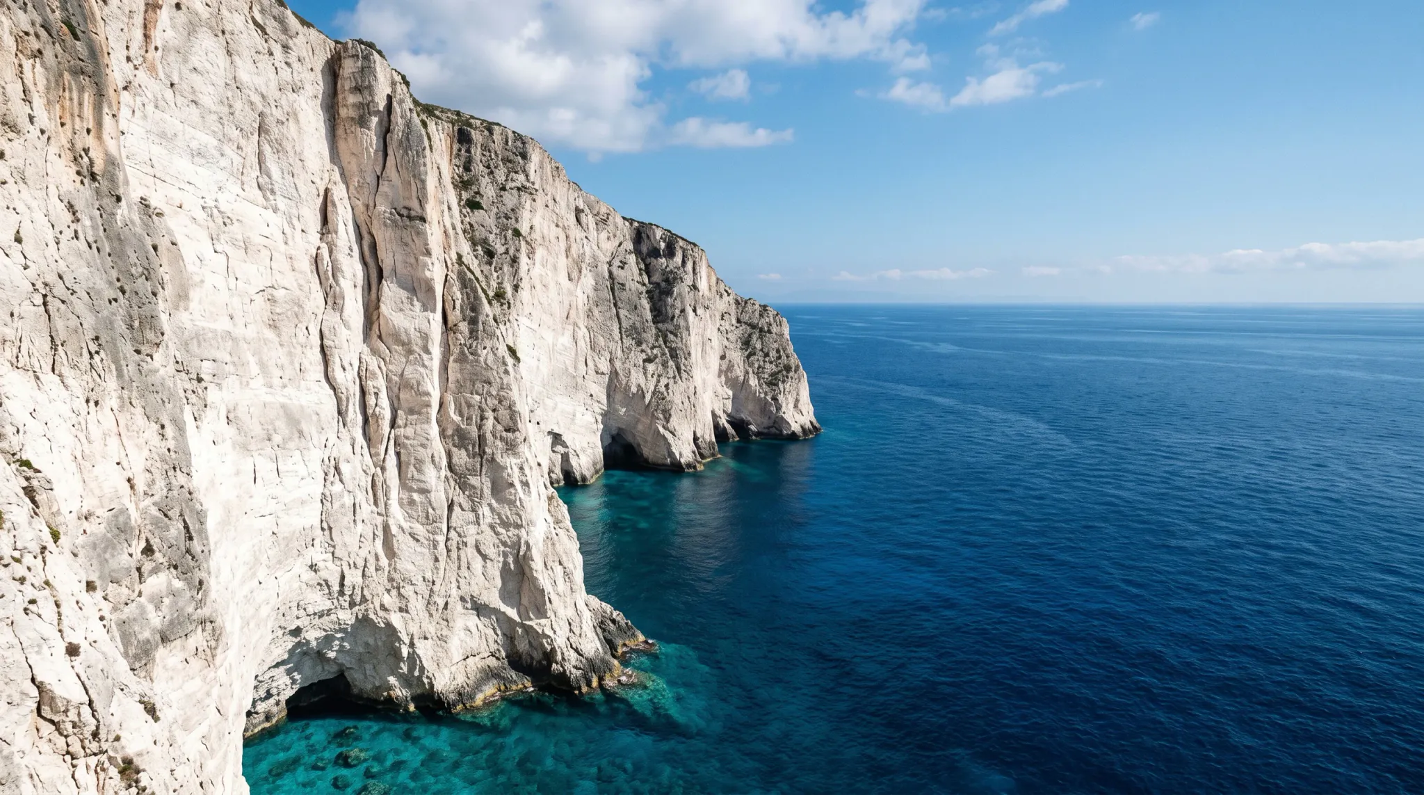 High-angle wide shot of majestic sheer white limestone sea cliffs dropping dramatically into deep blue and turquoise ocean waters under a sunny sky.