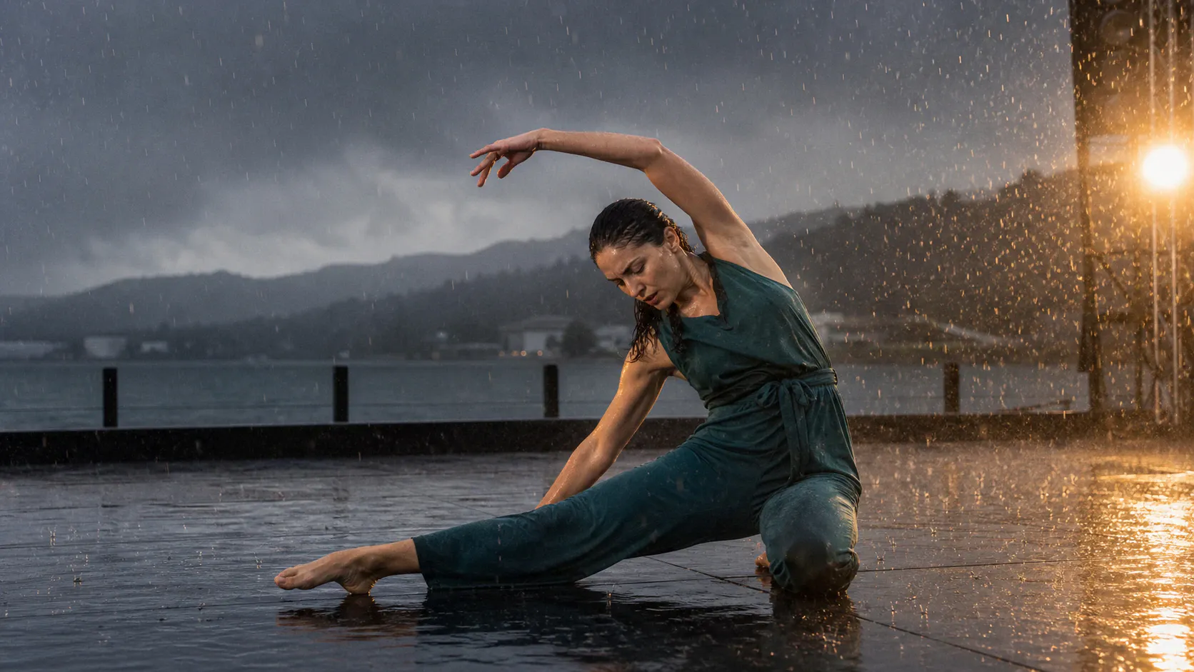 A female contemporary dancer in a teal sleeveless jumpsuit performs barefoot outdoors on a wet platform in the rain, kneeling on one knee with the other leg extended sideways and her left arm arched overhead, set against dark overcast hills and backlit by a warm side spotlight.