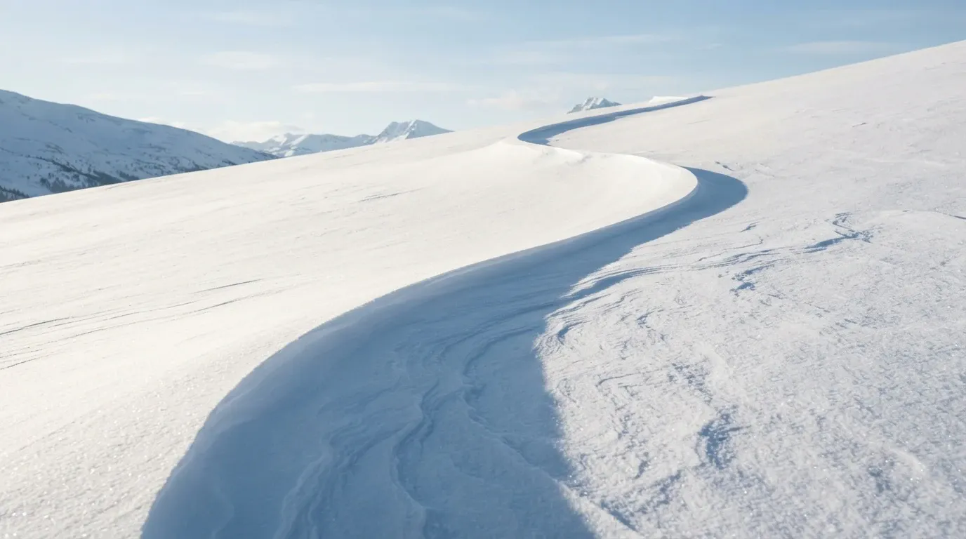 A wide winter landscape featuring a prominent, wind-sculpted snowdrift curving through the foreground. The bright white snow contrasts with deep blue shadows cast by direct sunlight under a mostly clear sky. A distant mountain range sits under the horizon.