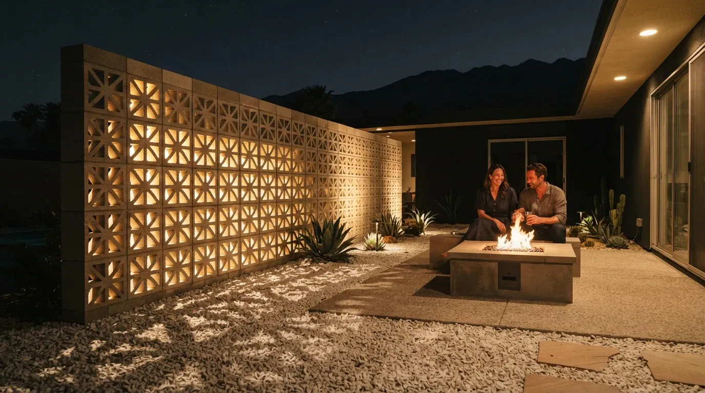 Two smiling adults sit together beside a glowing rectangular fire pit on a modern outdoor patio at night. They hold drinks and face one another. Warm firelight and ceiling lights illuminate a patterned concrete privacy wall, gravel landscaping, agave-like plants, a house facade, and dark mountains beyond.