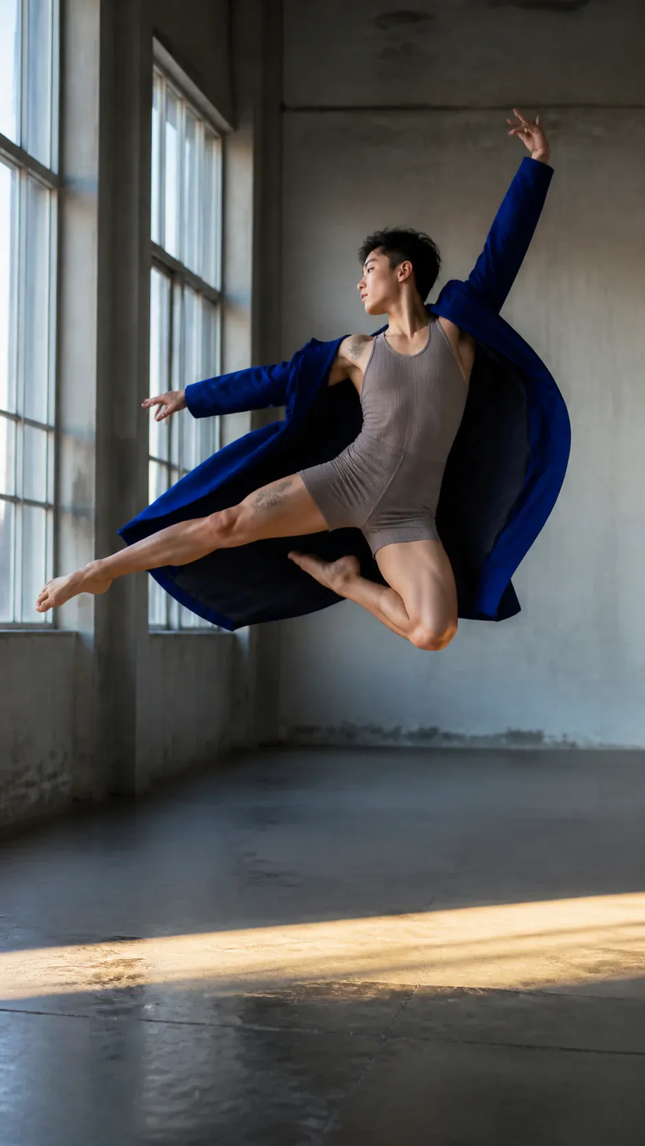 A male contemporary dancer is captured airborne in a graceful, athletic leap inside an industrial-style studio. Wearing a sleeveless ribbed taupe unitard and an open, billowing royal blue coat, he extends his limbs dynamically against a backdrop of tall multi-pane windows and concrete walls.