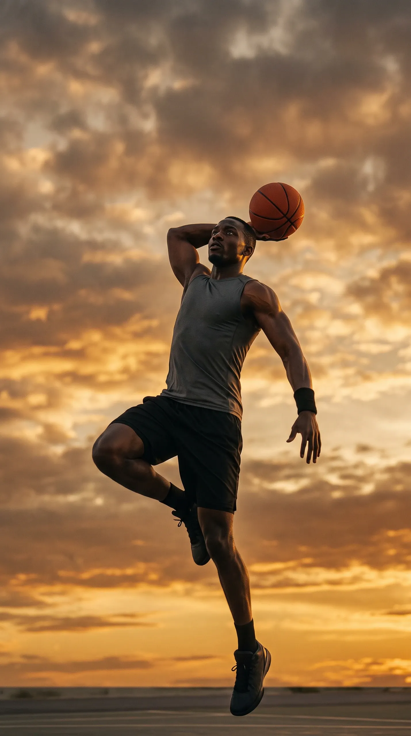 A low-angle full-body photograph of an athletic male basketball player captured in mid-air against a dramatic golden sunset sky filled with clouds. He wears a grey sleeveless tank top, black shorts, black sneakers, and a black wristband on his left wrist. With his right hand raised overhead holding an orange basketball, he prepares for a dunk or shot above an outdoor court pavement.
