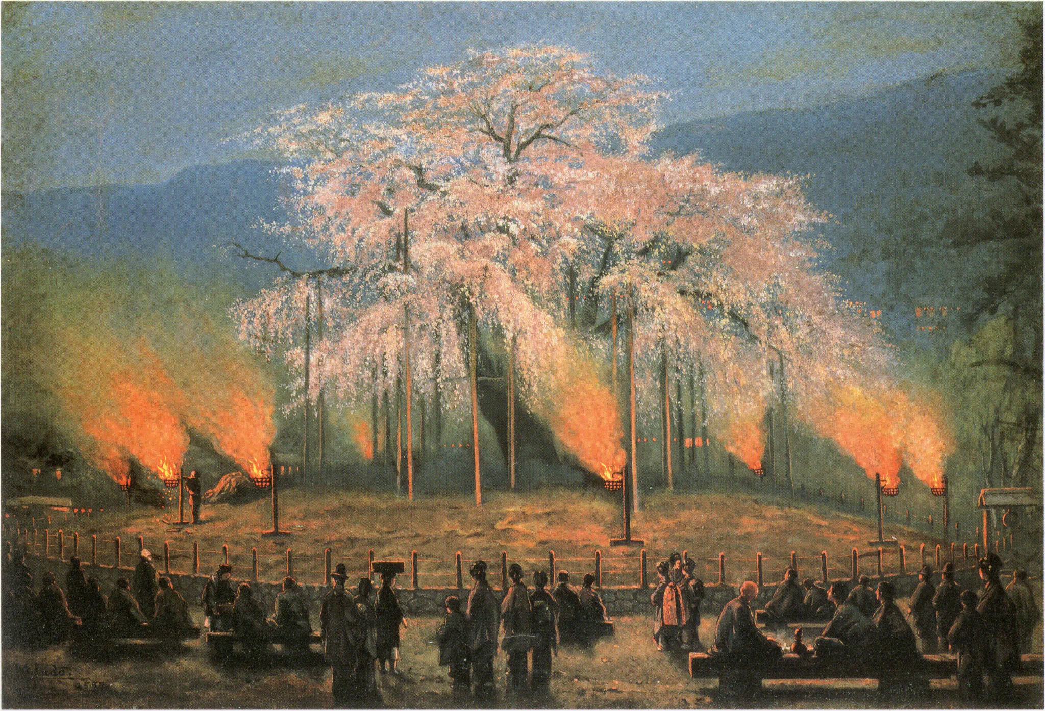 A large flowering cherry tree with pink blossoms dominates an open outdoor park-like scene. Several glowing fire pits or braziers illuminate the ground and tree from below, while a crowd in dark clothing gathers behind a fence in the foreground, with some people seated on a bench and many standing or watching the spectacle. The image has a painterly, atmospheric appearance with smoke rising around the fires and blue evening sky behind the tree.