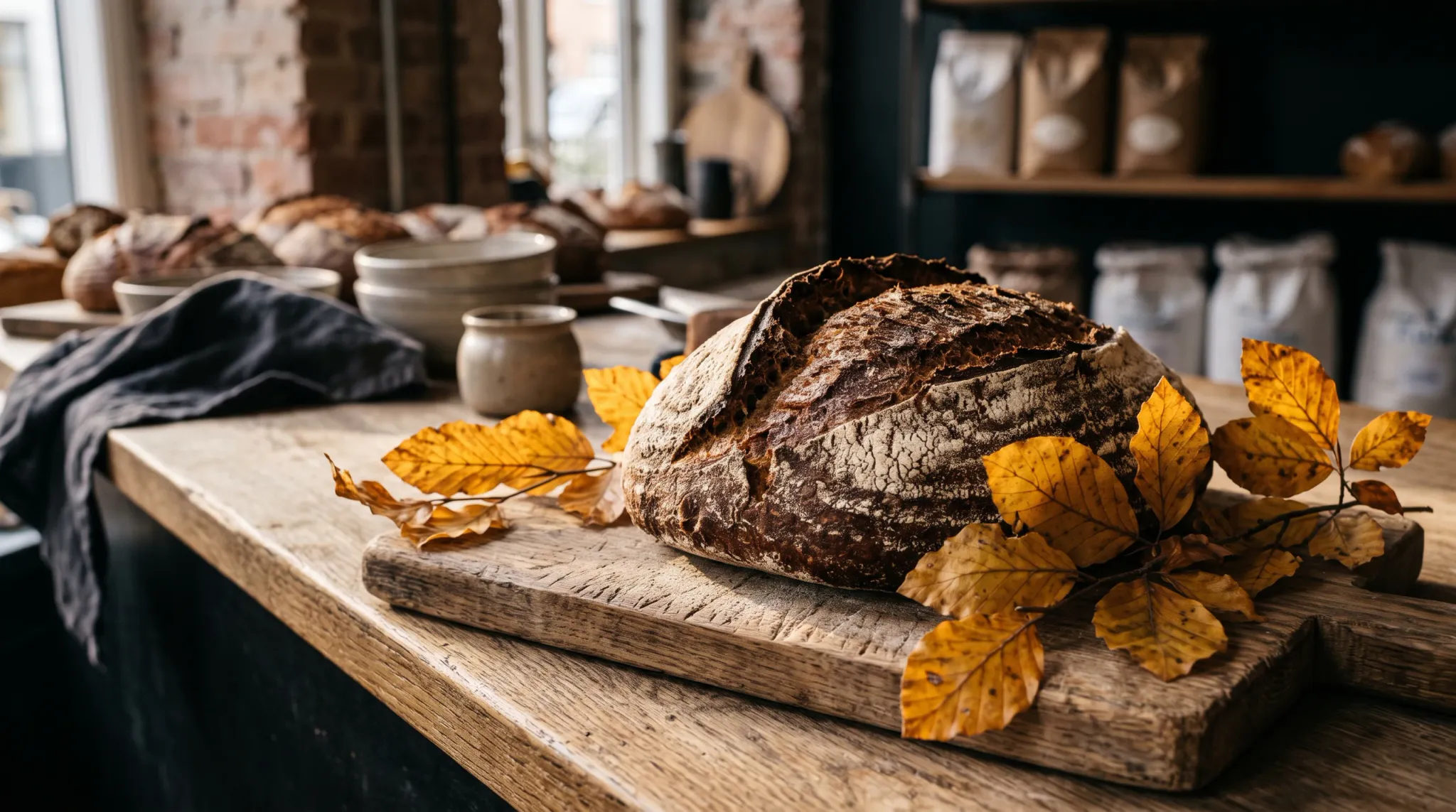 A large rustic whole sourdough loaf with a deeply browned, cracked crust sits on a rough wooden cutting board atop a wooden worktable. Yellow and orange dried leaves lie around the bread. The warmly lit indoor bakery or artisan kitchen includes bowls, jars, cloth, additional loaves, shelves, and exposed brick in the softly blurred background.