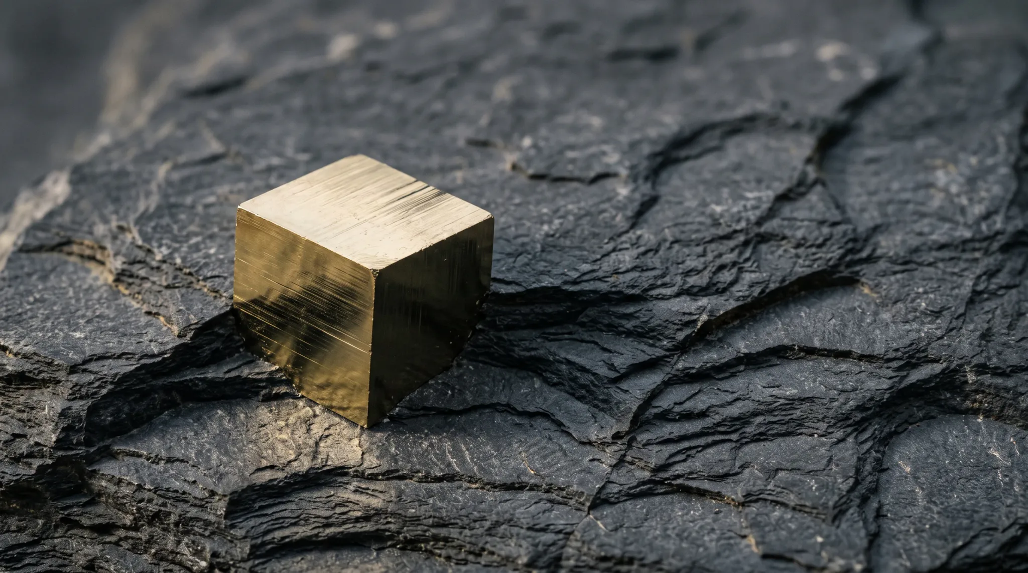 A single gold-colored metallic cube with crisp square edges rests on a rough, layered dark rock surface. The cube is brightly lit from the side, with visible fine scratches and reflective faces; the surrounding rock recedes into a softly blurred background.