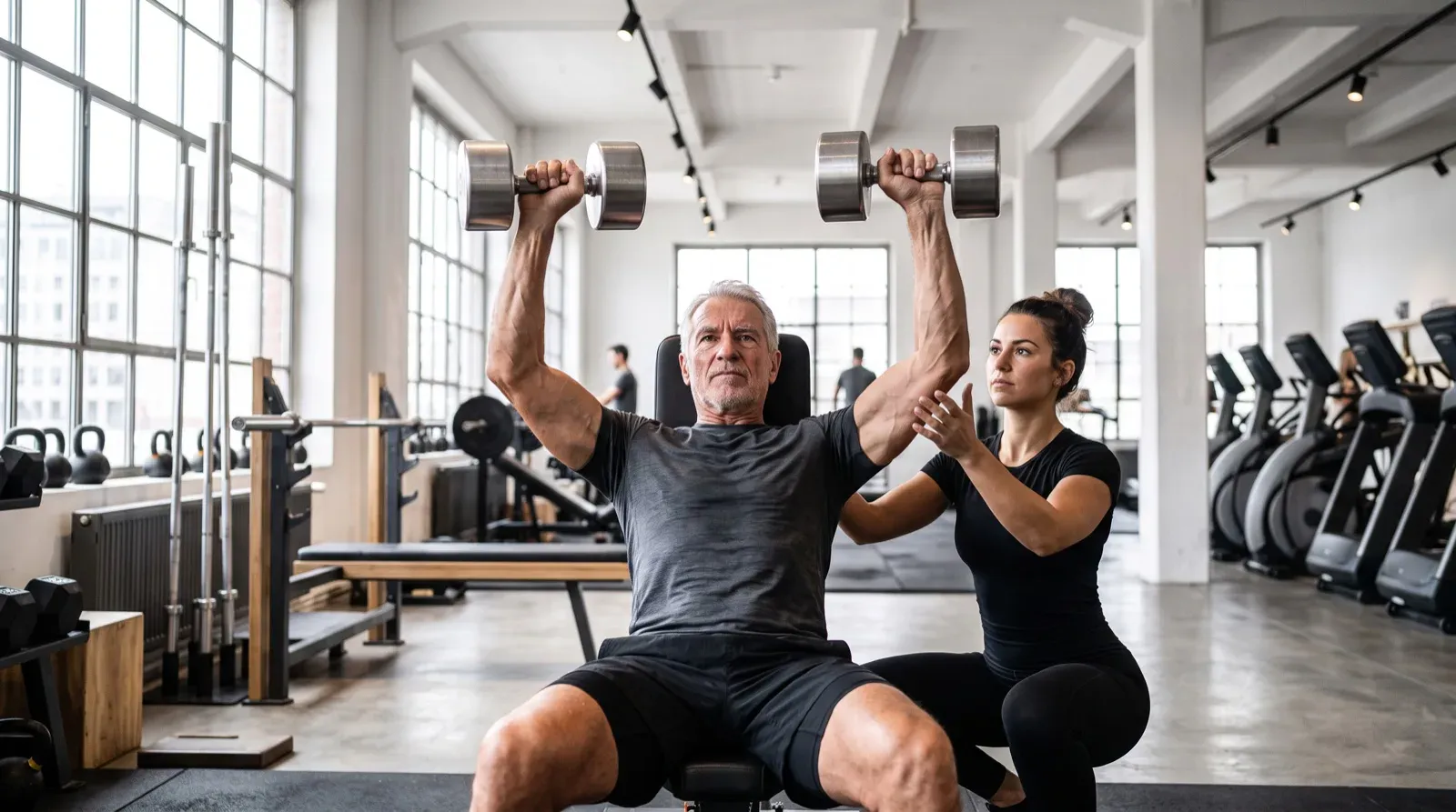 A muscular senior man with short grey hair sits upright on a black workout bench performing an overhead shoulder press with two heavy silver dumbbells while looking forward. Beside him, a female fitness spotter with her brown hair in a high bun assists and guides his exercise with raised hands. The bright, spacious gym features large multi-pane windows, concrete flooring, and background workout equipment with other gym patrons in the soft-focus distance.