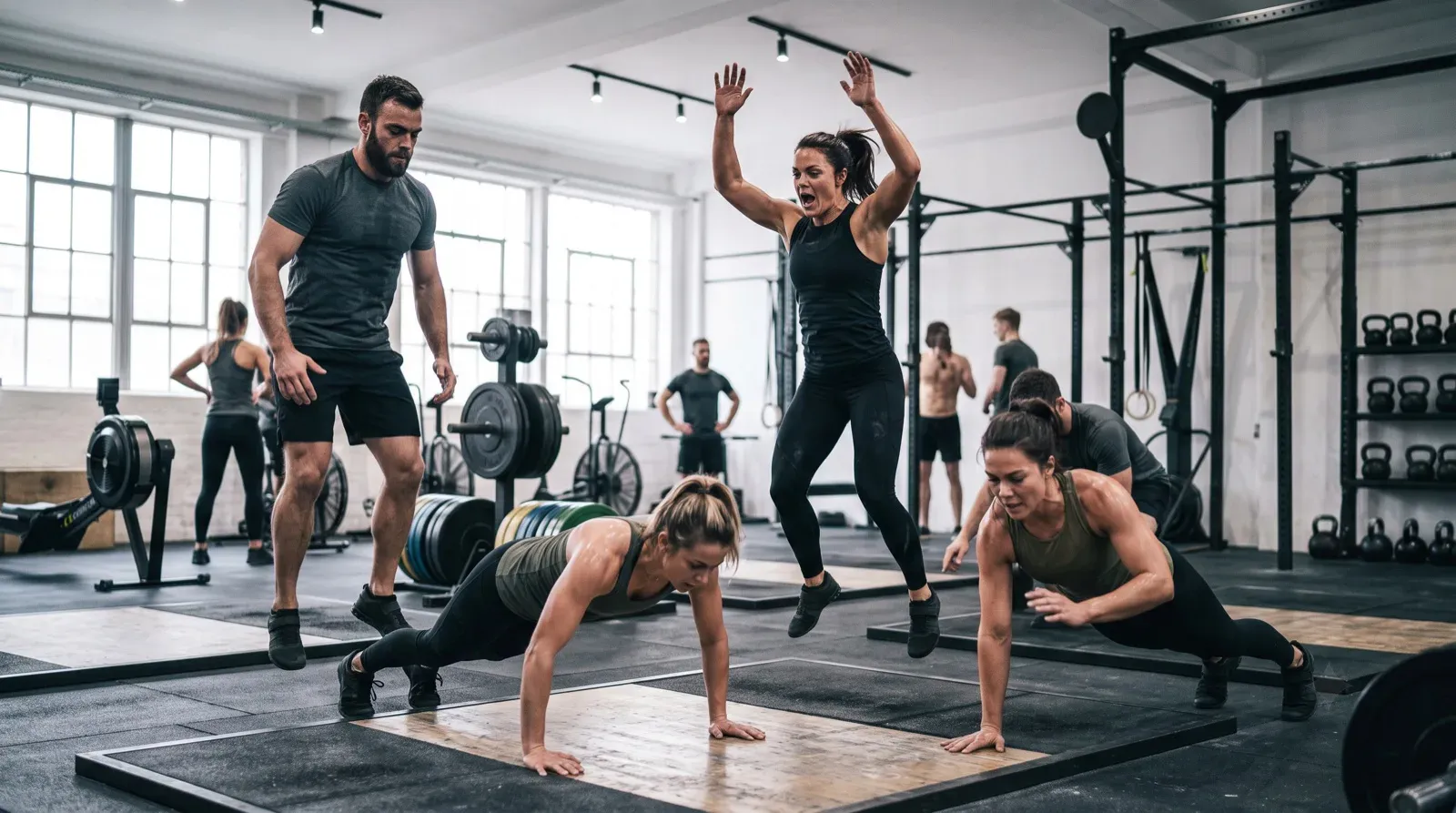 In a brightly lit indoor crossfit gym, an athletic woman leaps mid-air with both arms raised overhead while two women in olive green tank tops perform push-ups side-by-side on a wooden platform. A bearded male coach in a grey shirt stands nearby watching the athletes, while other members exercise in the background surrounded by barbells, rowing machines, and workout racks.