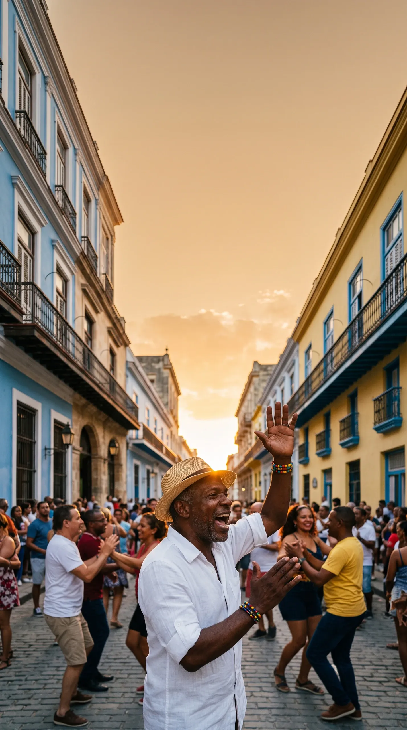 A cheerful older man wearing a straw fedora hat and white button-down shirt dances with raised hand and wide open-mouthed laughter on a cobblestone street during a lively festival, with dancing couples framed between colorful colonial buildings under warm sunset light.