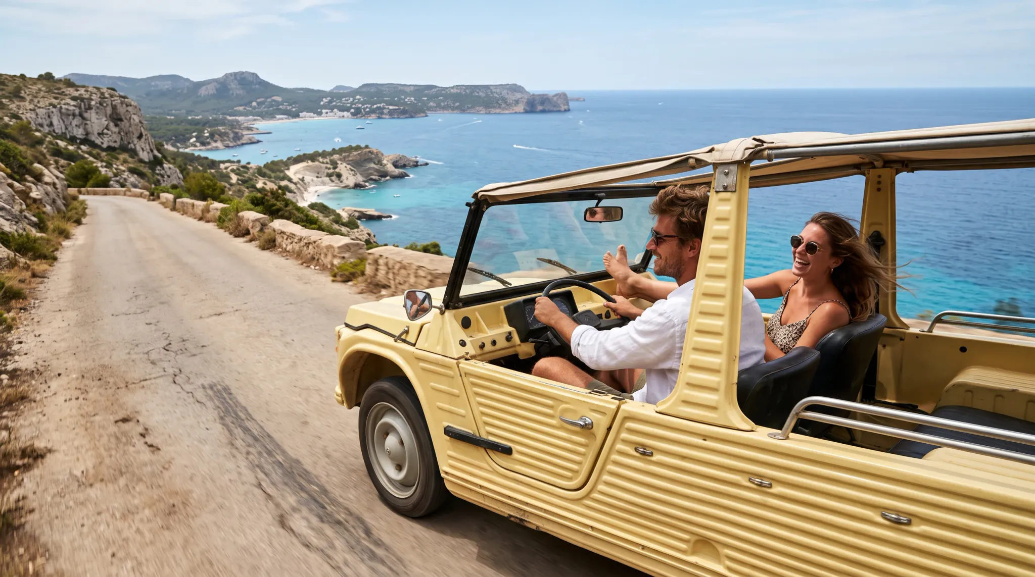 A man and woman enjoy a sunny summer drive in a vintage pale-yellow open-top car winding along a rocky coastal highway. The man drives with both hands on the steering wheel wearing a white shirt and sunglasses, while the passenger laughs merrily wearing sunglasses with her bare feet propped up toward the windshield. The scenic background features rugged limestone cliffs dropping down to pristine turquoise coves, headlands, and a calm sea under a bright sky.