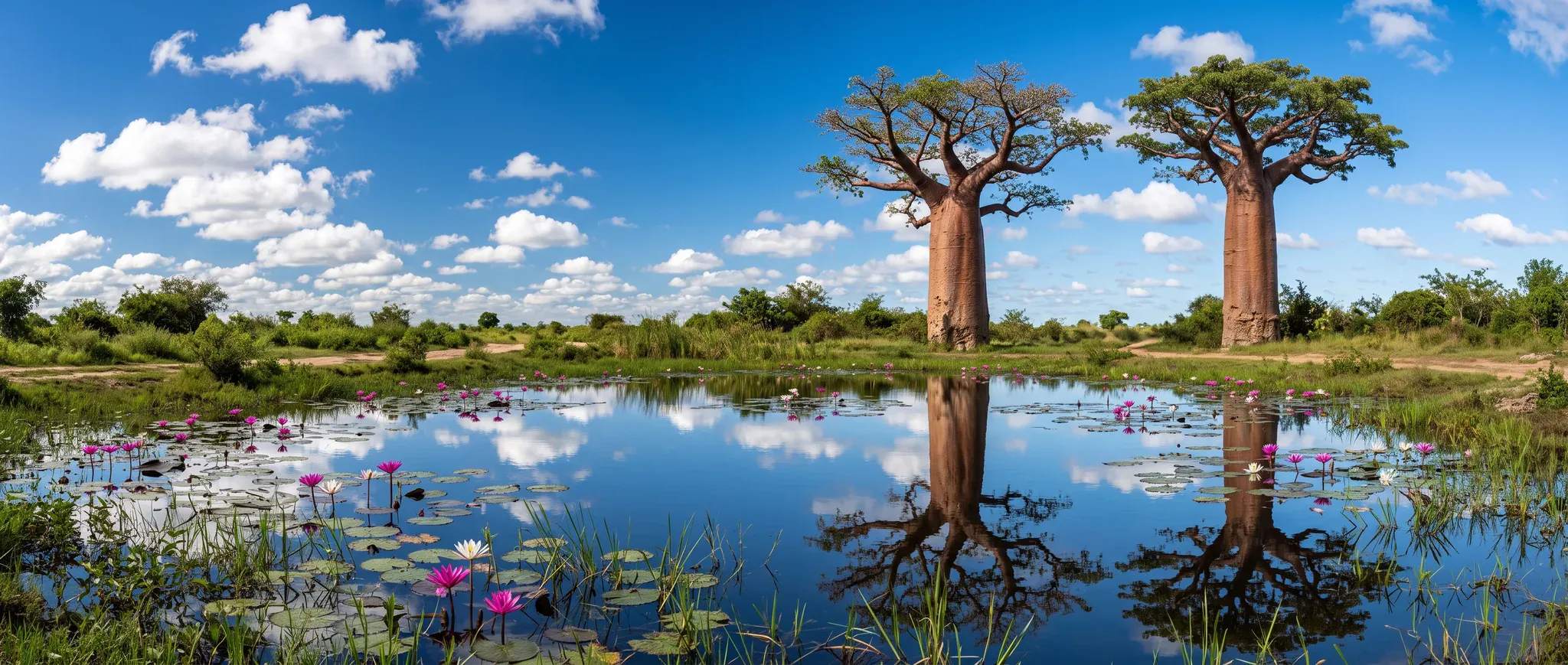 A wide panoramic landscape photograph captures two majestic Grandidier baobab trees standing on a grassy savanna in Madagascar, beside a tranquil pond covered with blooming pink and white water lilies. The calm surface of the water clearly mirrors the towering cylindrical tree trunks, their leafy green crowns, and the vibrant blue sky dotted with fluffy white cumulus clouds.