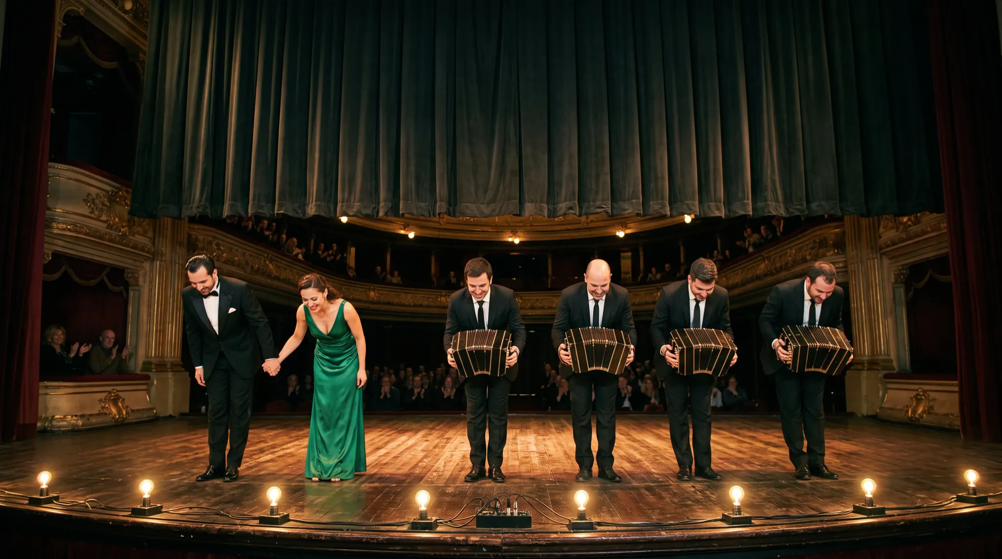 A six-person ensemble takes a bow across the wooden stage of an ornate theater. From left to right, a male artist in a tuxedo holds hands with a female singer wearing a floor-length green gown, beside four musicians in black suits holding black bandoneons. Warm footlights line the stage edge in front of them, and spectators in tiered balconies applaud under a raised velvet stage curtain.