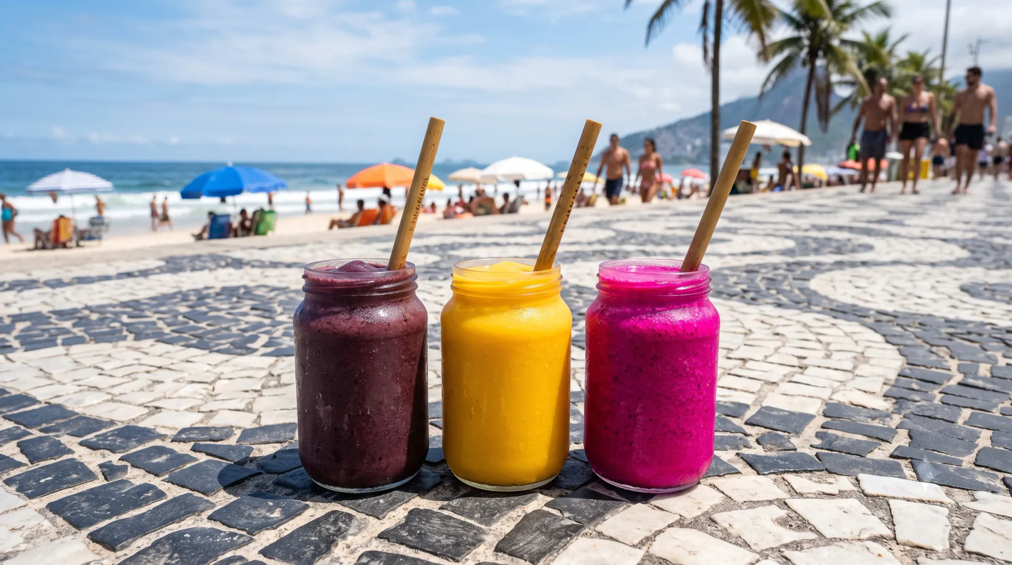 Three vibrant tropical smoothies—deep purple acai, golden yellow mango, and bright magenta pitaya—in clear glass jars with reusable wooden straws rest on the iconic black-and-white wave mosaic promenade pavement overlooking a sunny beach with ocean waves, palm trees, and beachgoers.