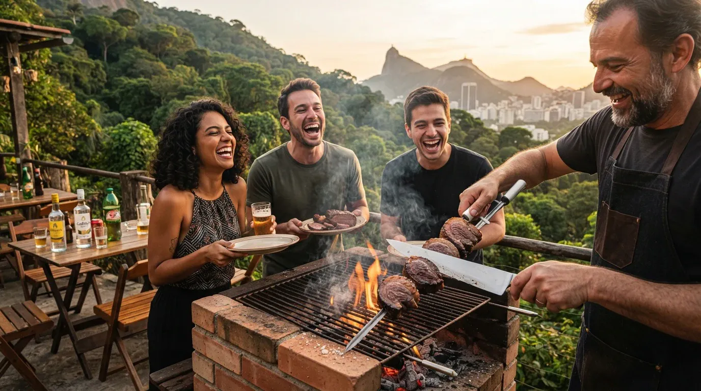 Four cheerful adult friends gather on an outdoor patio terrace at sunset for a Brazilian barbecue overlooking lush forested hills and city mountains. In the foreground, a smiling bearded man in a dark apron uses a large carving knife to slice succulent grilled beef from a metal skewer over hot coals in a brick barbecue grill. Beside him, a laughing woman in a patterned halter top holds an empty plate, while a laughing man in an olive green shirt holds a glass of beer and a plate of cooked meat, and another friend in a black shirt smiles warmly in the background.