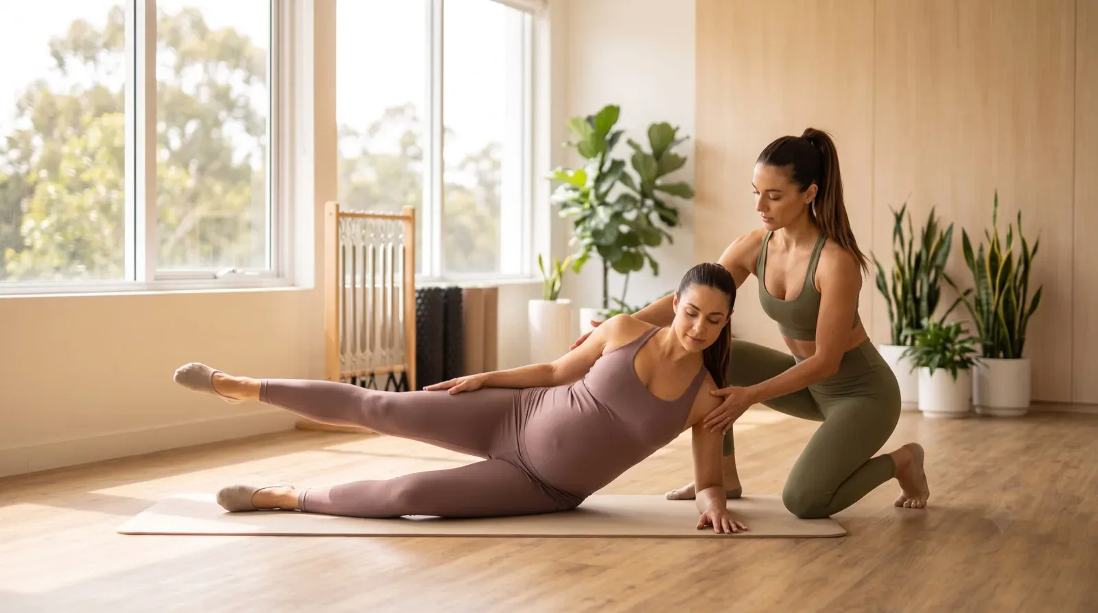 In a brightly lit studio with wooden flooring and large windows, a pregnant woman in a mauve jumpsuit performs a side-lying leg lift on a mat while an instructor in olive green activewear kneels beside her to guide her form.