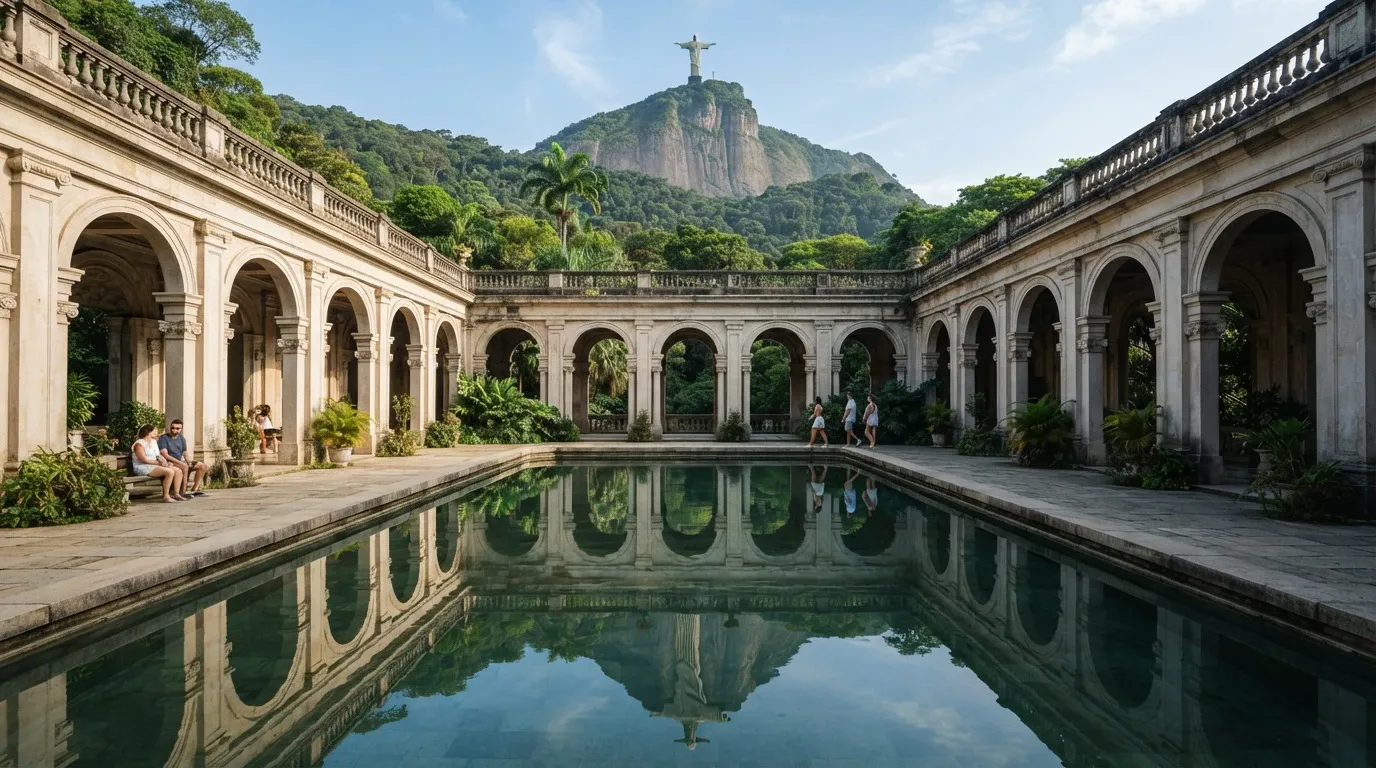 A wide-angle, eye-level daytime view of the open-air colonnaded courtyard at Parque Lage in Rio de Janeiro, Brazil. A large rectangular reflection pool filled with calm water dominates the center of the courtyard, mirroring the classical stone arches, the lush forested slopes of Mount Corcovado, and the monumental Christ the Redeemer statue atop the summit. Several visitors are seen relaxing on benches and walking along the stone pathways under a clear sky.